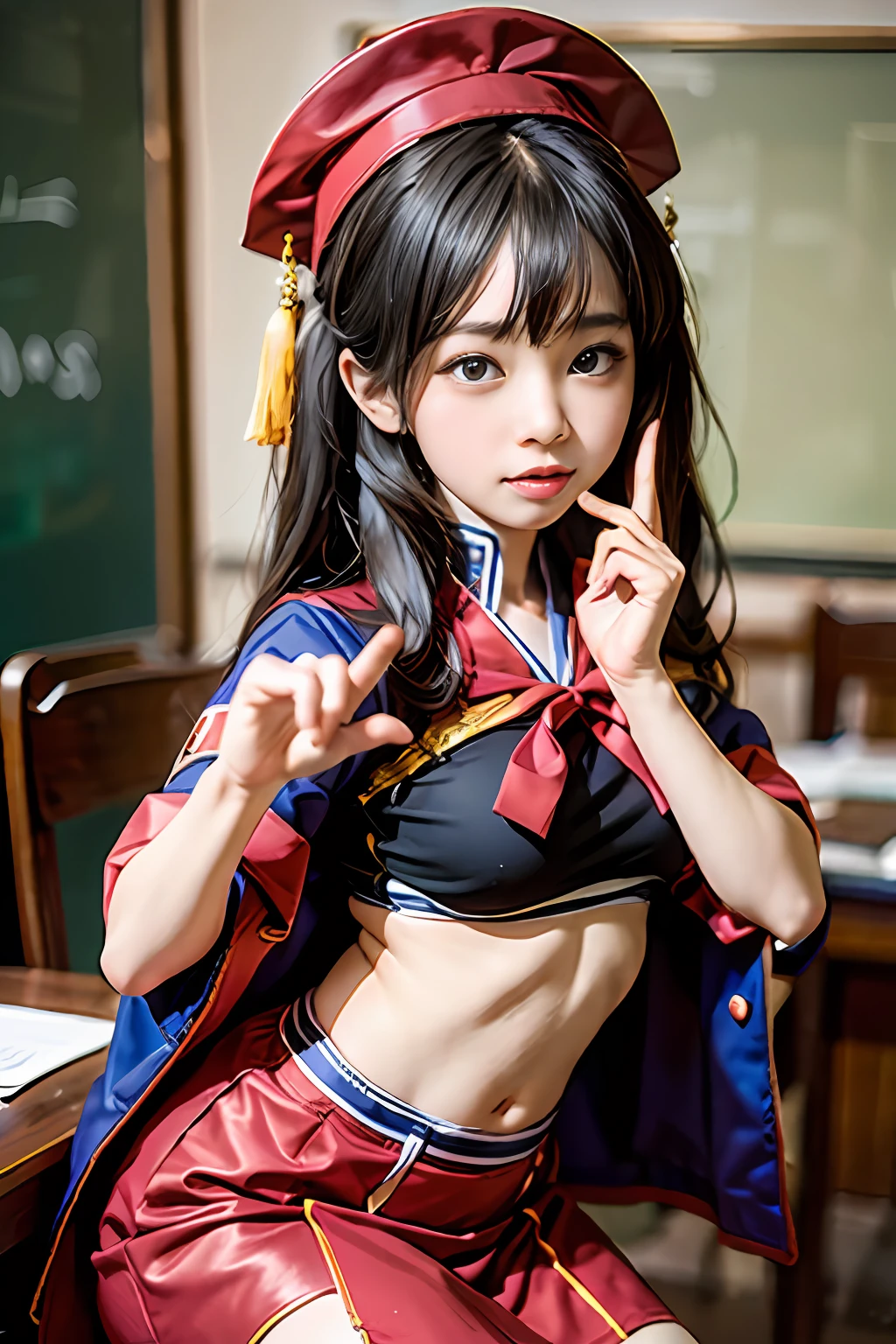 Young and beautiful li, Petite figure, Thin face, (Z-cup oversized swelling exaggerated breasts), (Cover the breasts),Wearing a Chinese school uniform,Pose with various gestures.
