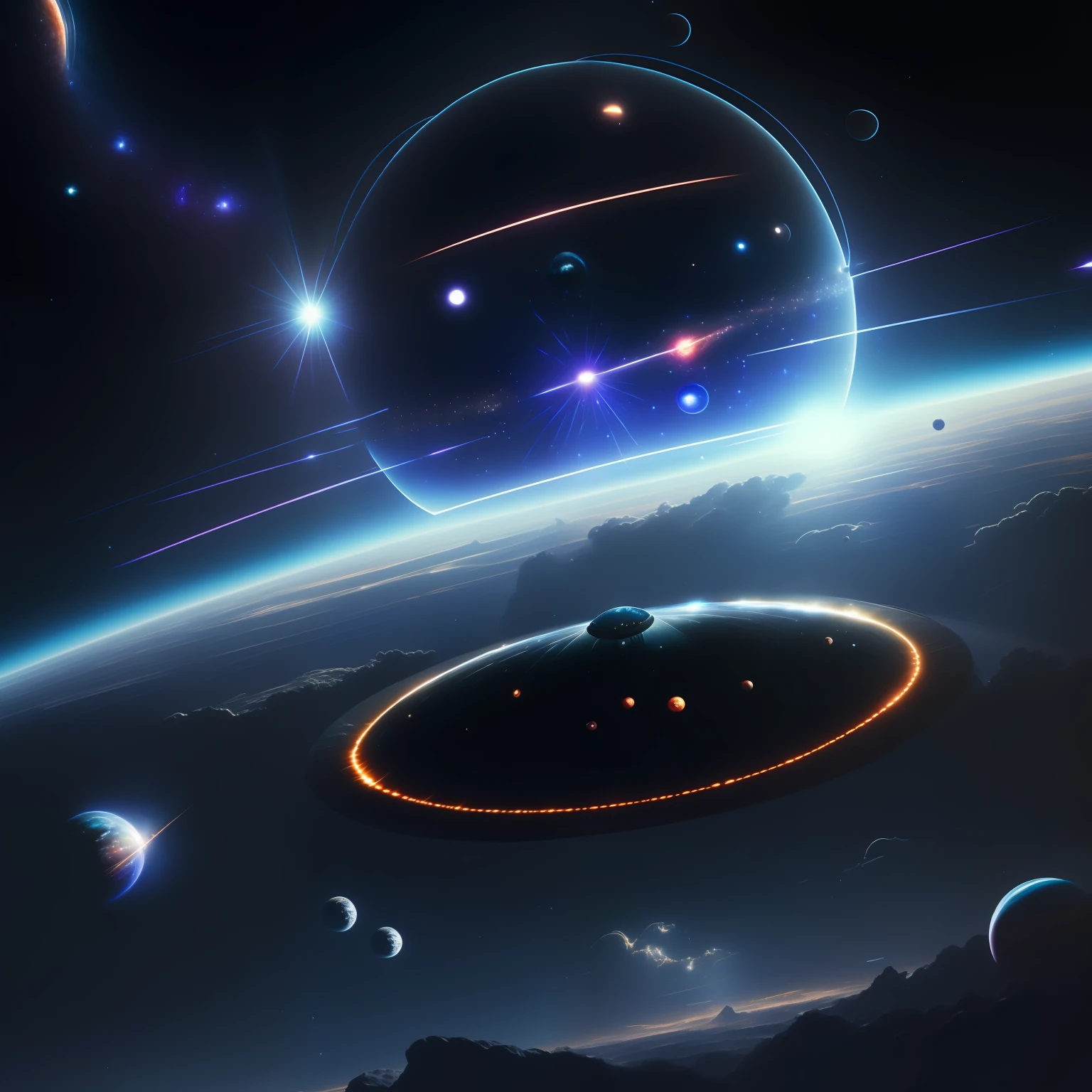 Starry night view of a planet with a stellar structure, dyson sphere in space, Aries constellation, photo of a dyson sphere, interstellar space setting, planets and stars, astral background, dyson sphere program, beautiful space star planet neon, planets colliding, scientific depiction, dyson sphere, author:Thomas Hefner, planet in the sky, planets and stars