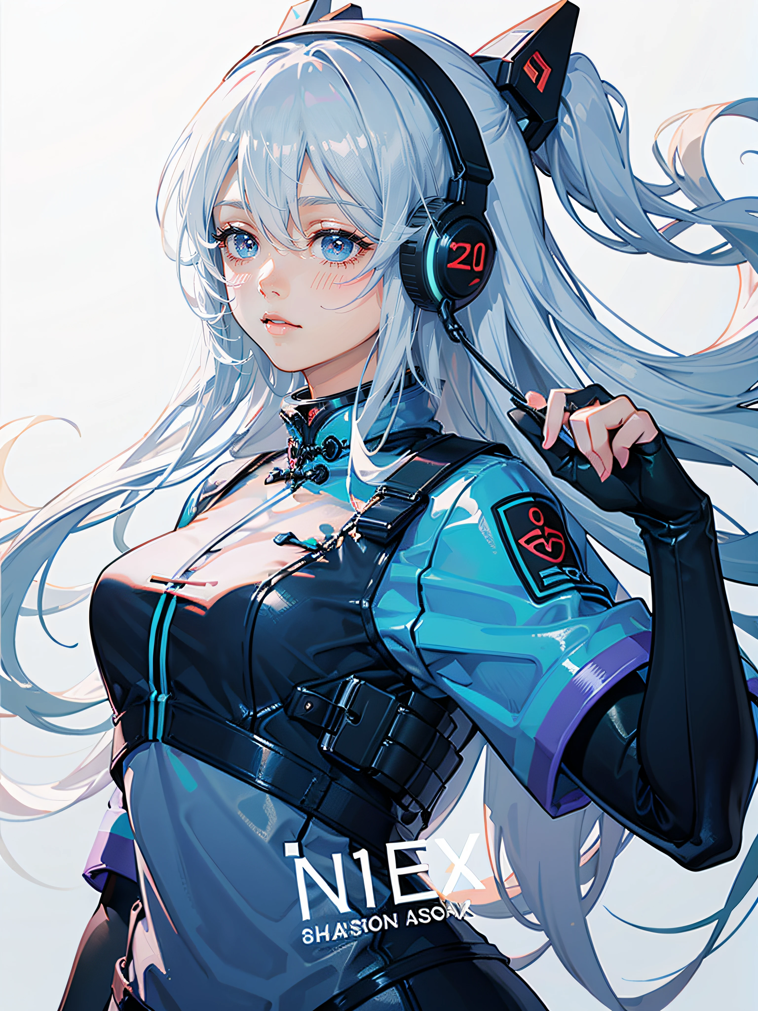 Flat illustration of cute girl in cheongsam，cyber punk perssonage，Iceberg blue palette，Blend pattern background，Grunge beauty style，Text and emoji devices，Close-up - AR 3:4 -  5 -C 1