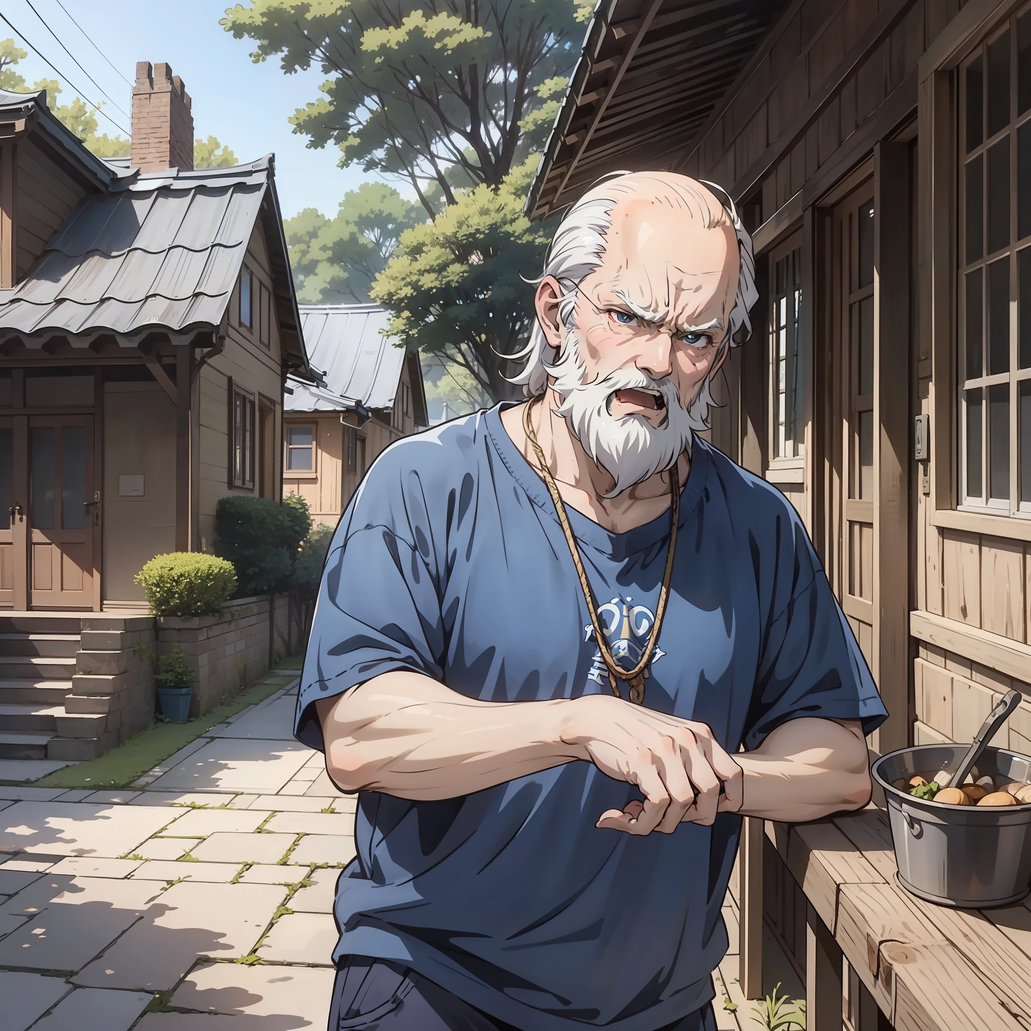 One was wearing a blue top,A 50-year-old balding middle-aged man with white hair sat in the room and roared angrily(Angry expression 1.5)(The background is the yard of the house 1.5)style of anime4 K,Anime rendering,style of anime。8K,(Full body display 1.5)(Older men 1.3)(The vicissitudes of man 1.5)(Wrinkle 1.5)(Beard 1.5)