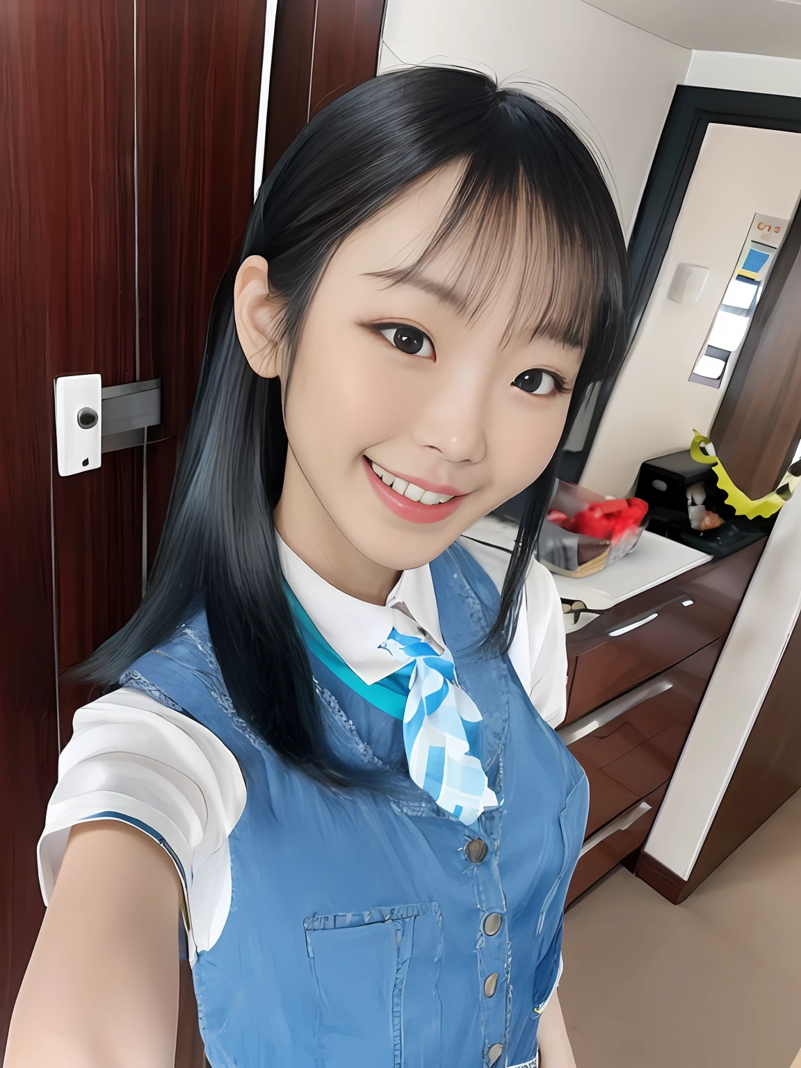 Keep your hair long and straight to your waist。Wearing a school uniform。masterpiece。top-quality
