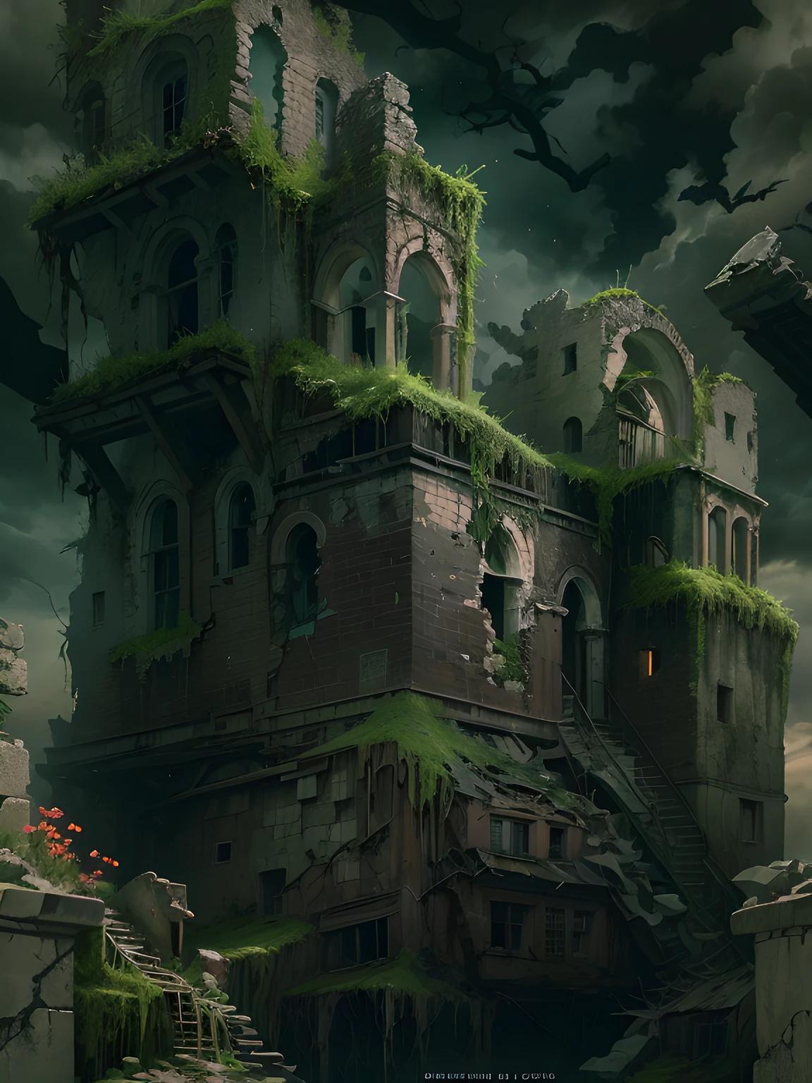 In the middle of a stormy night, on top of a steep cliff, the ruins of a dark and majestic castle stand as a haunting reminder of a bygone era. Its crumbling walls and broken windows reveal a tragic history lost in time. Nature has begun to reclaim the abandoned fortress, with ivy-covered towers and trees growing within its walls. Abandoned, desolate, stormy, tragic, ancient, worn out, eerie, highly detailed, sharp focus, haunting, somber, atmospheric. Art by Zoltan Boros, Gabor Szikszai and Clint Cearley. Dark and atmospheric illustrations, post-apocalyptic landscapes. Highly detailed digital painting, sharp focus, matte finish, dark and gloomy lighting.