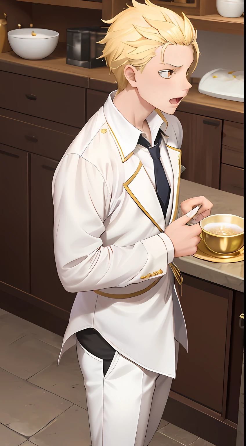 A high resolution, Sharp focus, Pixiv masterpiece, ((Complicated details)), highly detailed, natsuki_subaru, 1 man, with her mouth open,drools,full bodyesbian, Golden eyes(eyes glowing), blond hairbl, white shirt,Combat uniforms,Armour,Shoulder armor,cloaks,Drenched,The shirt is soaked,Gold tie,trousers,perspire,look from down