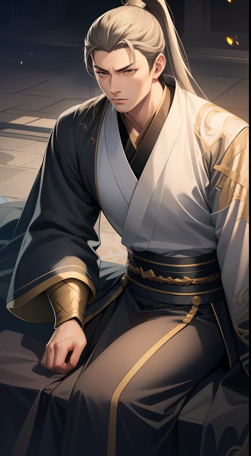 quadratic element,style of anime,mtu(Male Warrior),The proportions are correct,Face details,swordsmen,High ponytail hairstyle,Neck details,There is an Adam's apple,Black Hanfu,kaftan,Embroidered robes,Black robe,clothes details,Handing over,longer sleeves,Game quality,Swordsmanship,Light and shadow tracking,Ray traching,detailed glow,cg render,hair detail,long white hair,Black eyes,Handsome,Handsome,(juvenile sense),Clothing is complicated,Perfectcomposition,Refinement,high qulity,higher details,Lots of details,The background is complex,a sense of atmosphere,