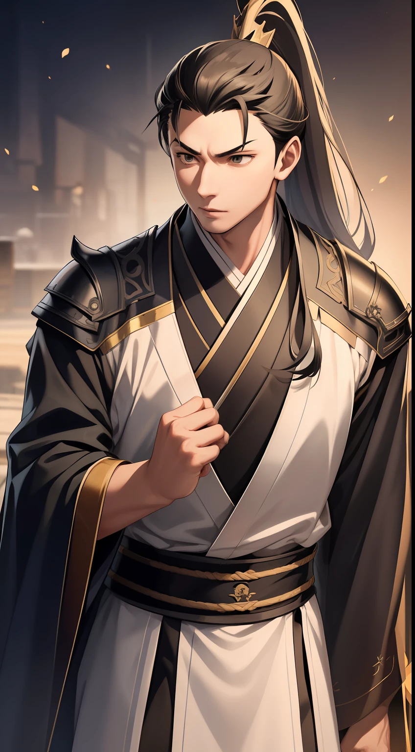 quadratic element,style of anime,mtu(Male Warrior),The proportions are correct,Face details,swordsmen,High ponytail hairstyle,Neck details,There is an Adam's apple,Black Hanfu,kaftan,Embroidered robes,Black robe,clothes details,Handing over,longer sleeves,Game quality,Swordsmanship,Light and shadow tracking,Ray traching,detailed glow,cg render,hair detail,long white hair,Black eyes,Handsome,Handsome,(juvenile sense),Clothing is complicated,Perfectcomposition,Refinement,high qulity,higher details,Lots of details,The background is complex,a sense of atmosphere,