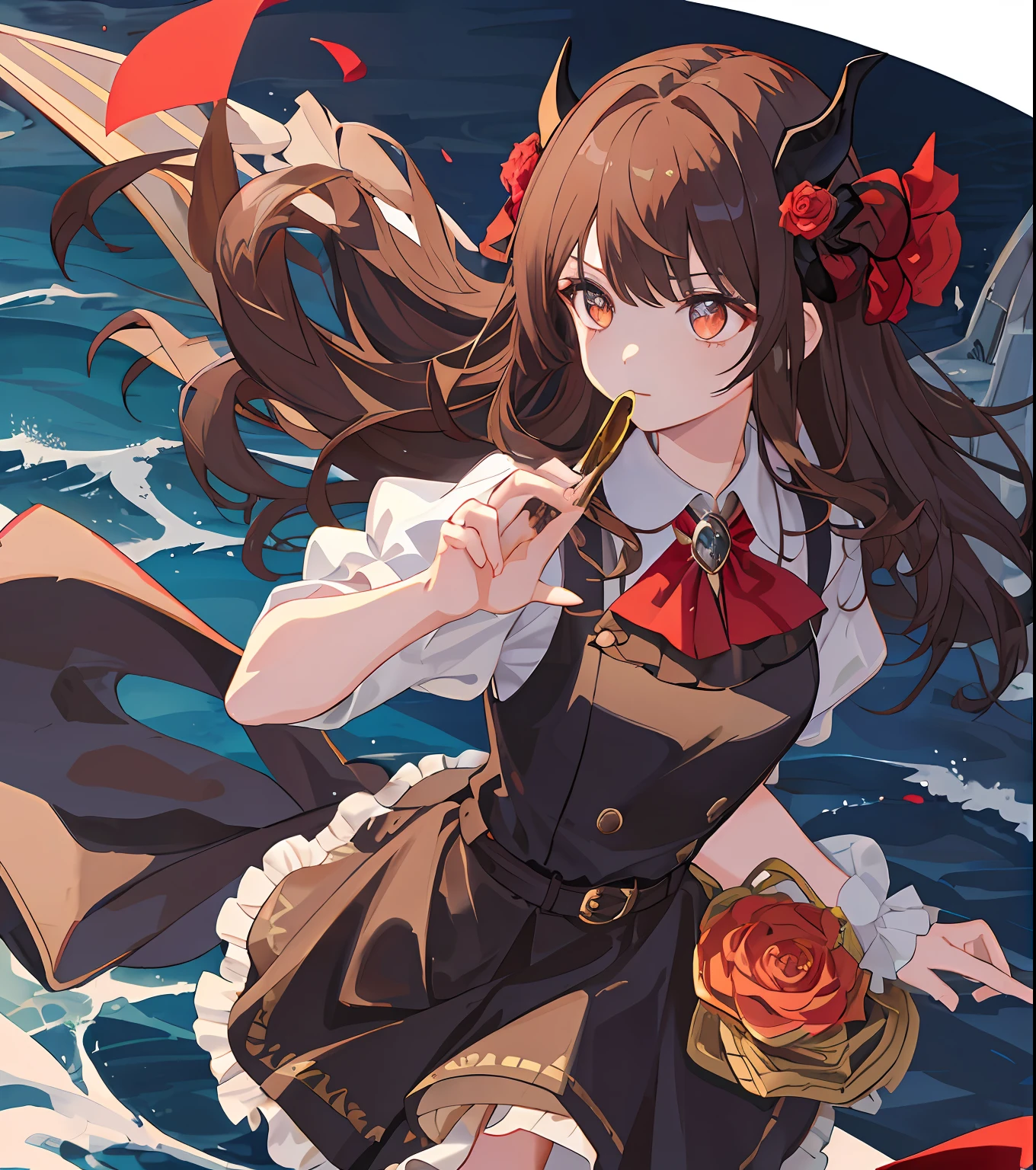 Masterpiece quality，The best quality assurance。A brown hair、Cute girl with golden eyes。She looks very arrogant，Wearing a short Gothic skirt，Exudes magic，With a rose headdress，English-style top，Long hair flutters in the wind，Playful and cute，devil horns，the sea，nigth