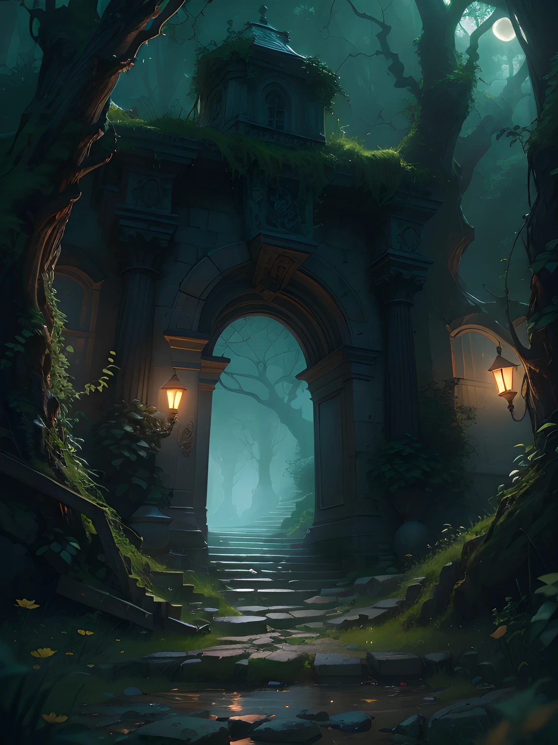 In the middle of a mystical forest covered with twilight, Un extenso castillo oscuro se alza en toda su gloria de otro mundo. Antiguo, Gnarled trees envelop the castle, giving it an ethereal and enchanted atmosphere. weird, La flora luminiscente ilumina el camino que conduce a la puerta del castillo, where mythical creatures seem to protect the entrance. encantador, mistic, surrealista, magica, intrincado, atmospheric, Altamente detallado, foco nítido, Iluminado por la luna, dreamlike, fantasy, Caprichoso. Arte de Ruan Jia, Mandy Jurgens, y Artgerm. Fantasy Illustration, Dreamlike landscapes, y arte digital. Highly detailed digital illustration, foco nítido, Motor Unreal 5, Arte conceptual.