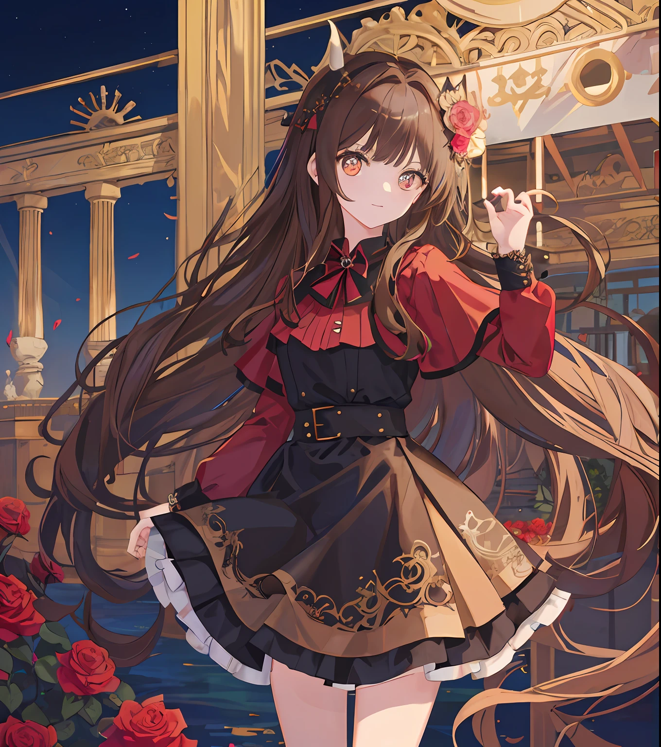 Masterpiece quality，The best quality assurance。A brown hair、Cute girl with golden eyes。She looks very arrogant，Wearing a short Gothic skirt，Exudes magic，With a rose headdress，English-style top，Long hair flutters in the wind，Playful and cute，devil horns，the sea，nigth