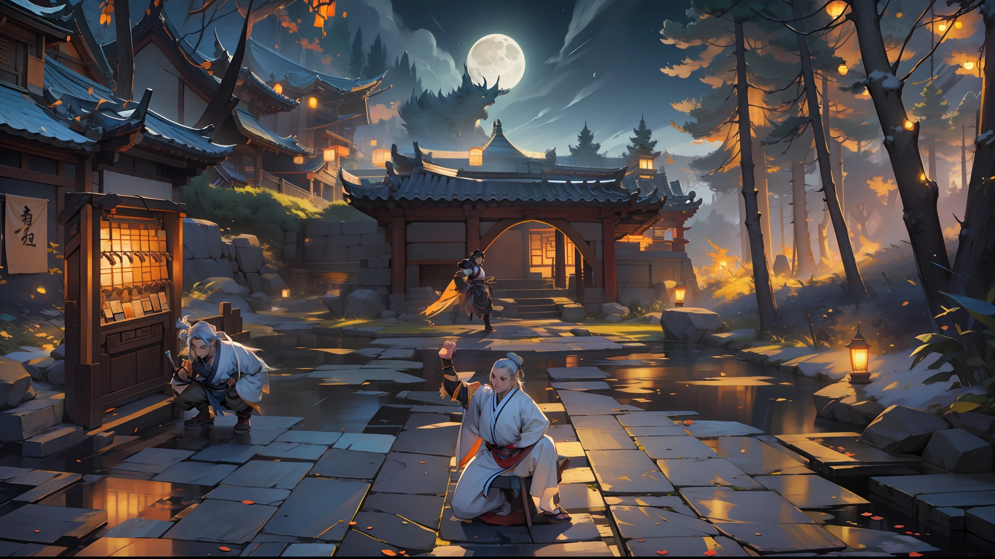 Manhwa Style，Two-dimensional painting style，People who practice martial arts，natta：1.5，Dwarf trees，Bright moonlight，Warm yellow light，Ancient Chinese background，the night，themoon， Bluestone path，light particules，glowworm，the night：1.5，themoon，As estrelas，tmasterpiece， super detailing， Epic composition， hyper HD， high qulity， extremely detaile， offcial art， 统一 8k 壁纸， super detailing