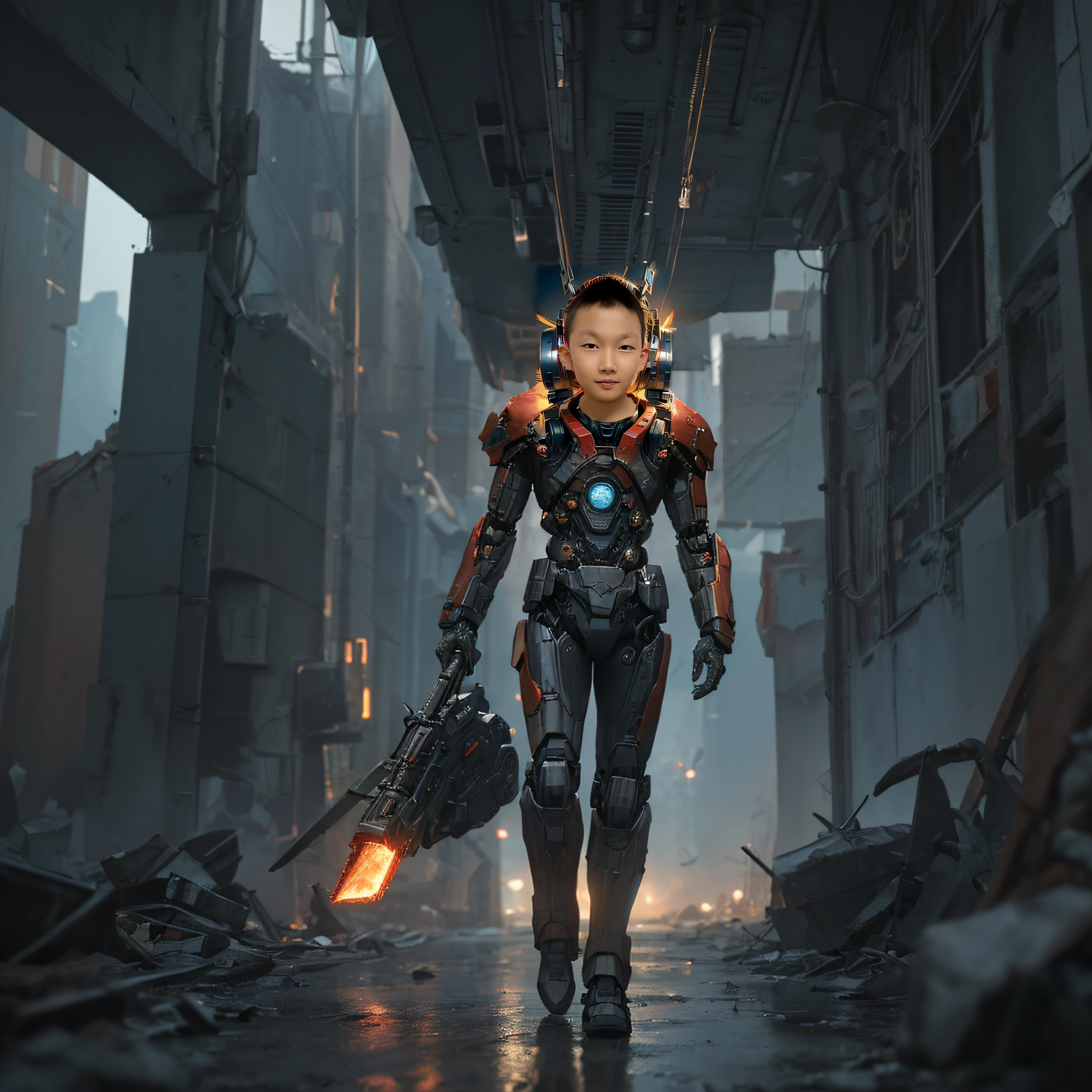 （（best qualtiy））， （（tmasterpiece））， （The is very detailed：1.3）， 3D boy mech， Shitu-mecha， (Beautiful cyberpunk boy and his Transformers in the ruins of a city forgotten by war)，(The boy wears a white and red mech)， （Victory V gesture），（metalictexture），Rich patterns，Complex structures，future-tech， hdr（HighDynamicRange）， Ray traching， NVIDIA RTX， Hyper-Resolution， Unreal 5， sub surface scattering， PBR Texture， post-proces， Anisotropic filtering， depth of fields， Maximum clarity and sharpness， Many-Layer Textures， Albedo e mapas Speculares， Surface coloring，Accurately simulate light-material interactions，(CG sense),perfectly proportions，(rendering by octane)，twotonelighting，Low ISO，White balance，trichotomy，Wide aperture，8K raw data，High-Efficiency Sub-Pixel，sub-pixel convolution，Luminous Particle，Light scattering，Tyndall effect，Very detailed CG unification，Physically-based rendering, Machinery, Reflection, Realistic, Cyberpunk,Dark_fantasy,Cyberpunk,(Chainsaw,chainsawman,Red:1.1),1人,Mechanical Wonder,Robotic presence,cybernetic guardians,wearing a worn-out mech suit，iintricate，（Steel metal[rusted]），ellegance，Clear focus，Photo by Greg Rutkowski，gentlesoftlighting，vivd colour，tmasterpiece，（（the street）），cow boy shot，dynamicposes，Armed with technical rifles（8K，RAW photos，best qualtiy，tmasterpiece：1.2），（Boy in mechanical helmet）