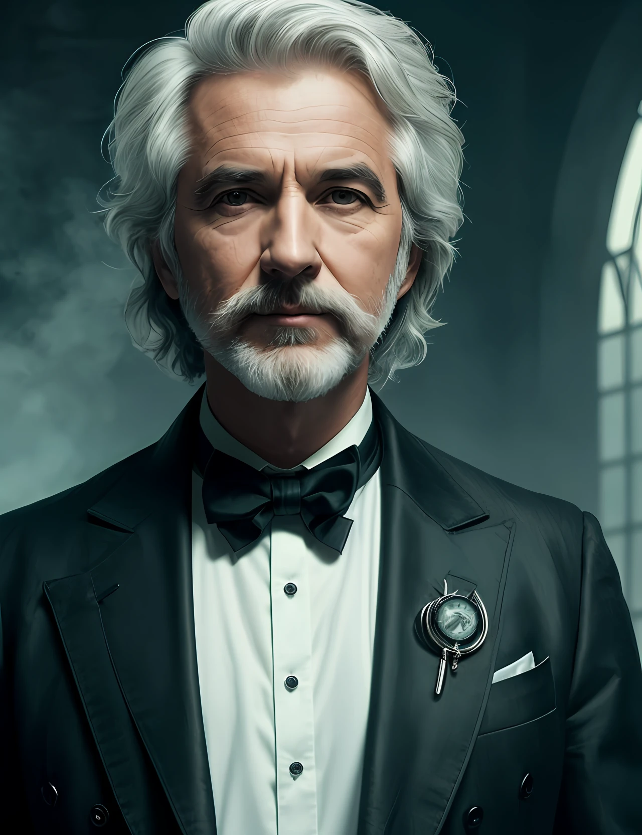 Gray hair, split head, suspenders, men