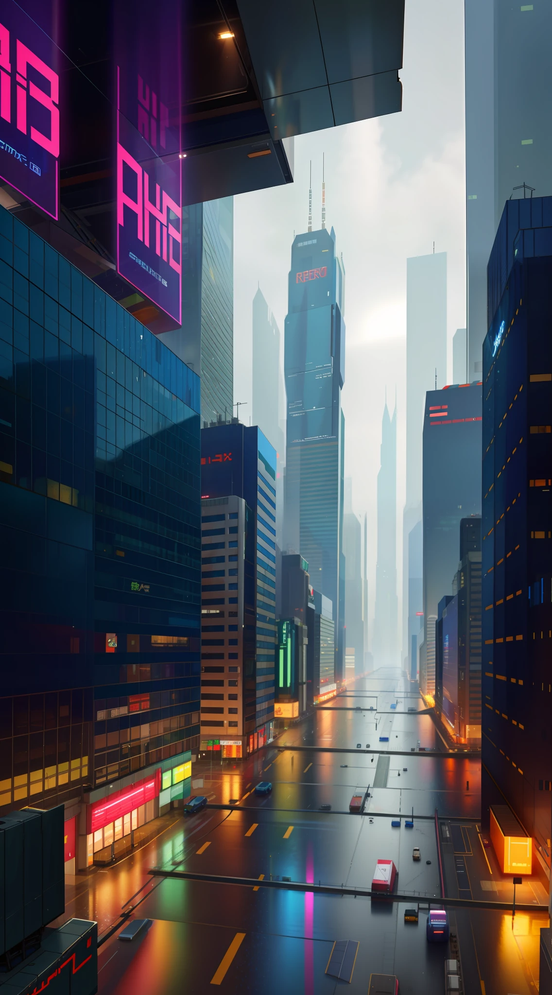 There are no vehicles in the rainy city、A cyberpunk world without humans,shot from a far distance,Overlooking angle,Extremely fine detail,Unique beauty。