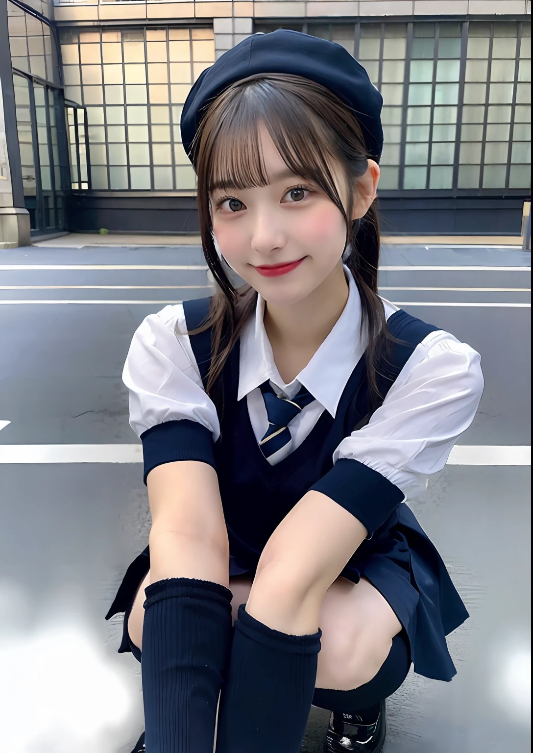Miniskirt Uniform、hi-school girl、18year old、Navy blue high socks