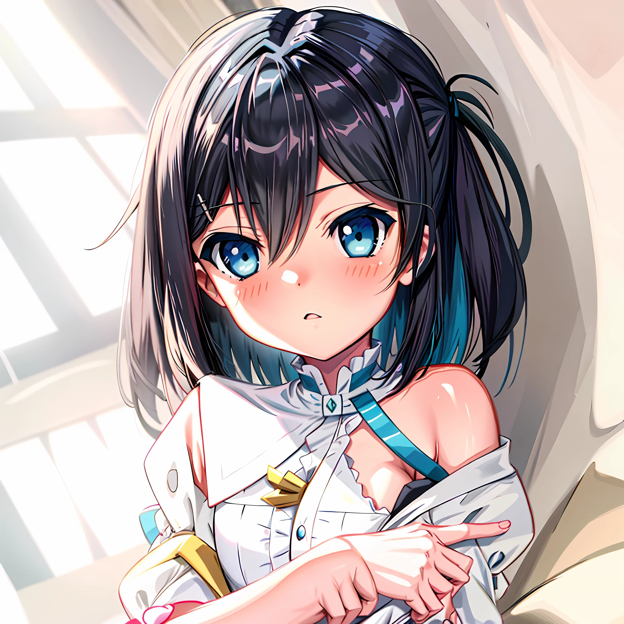 Anime girl with blue eyes, white shirt and blue hair, anime moe art style, Hestia, anime visual of a cute girl, aqua from konosuba, made with anime painter studio, Anime waifu, Ayaka Genshin impact, anime best girl, cel shaded anime, gapmoe yandere, Cute anime girl, style of anime4 K, An anime girl,S-class Valkyrie Hills in Honkai 3rd。