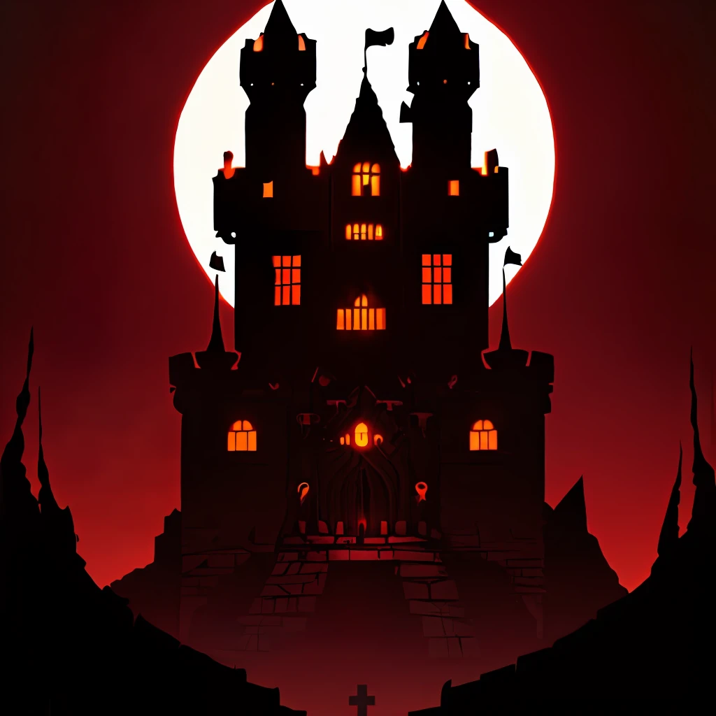 Against a dark background，Show off a mysterious castle (Castle:1.3)。It is shrouded in heavy shadows (shadowing:1.2)，Standing in the middle of a desolate mountain range (Desolate mountains:1.1)。The castle exudes an atmosphere of evil and mystery (Evil and mysterious:1.3)，Its ancient stone brick surface is carved with coats of arms and runes (Heraldry and runes:1.2)。At the entrance，A huge door was open，A disturbing dark red glow (Dark red light:1.4)。Digital artwork created by Moebius should be dominated by dark tones，Full of details and gloomy atmosphere。