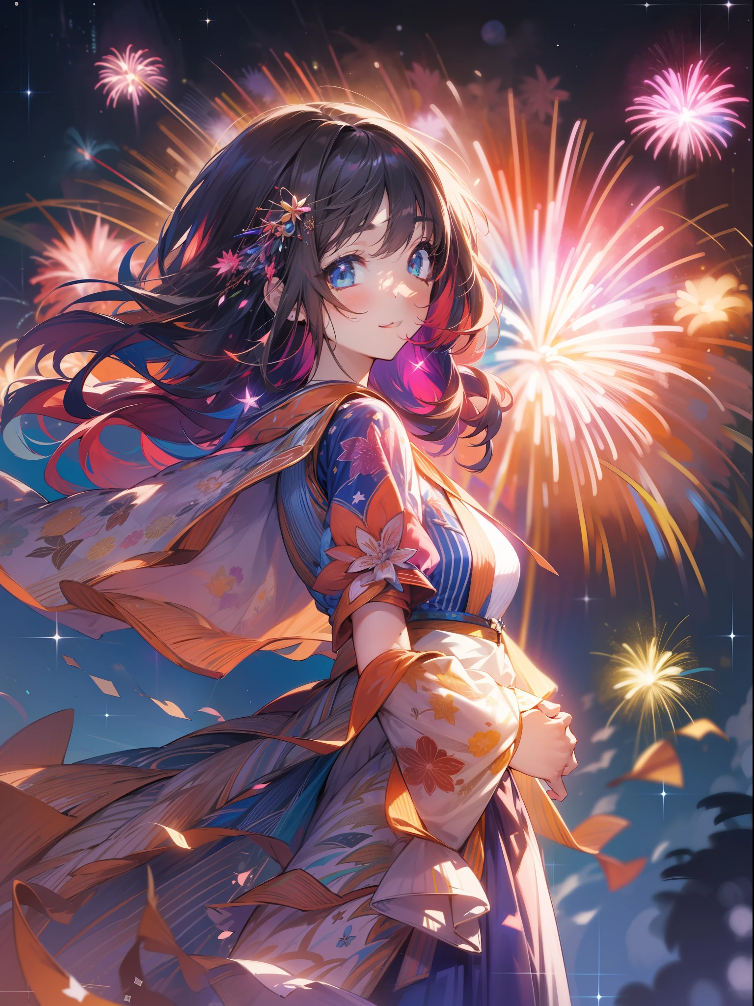 8K、Illustration of the night of the fireworks festival drawn in ultra-high definition detail。The subject is１A happy girl who looks like a man、A large amount of fireworks light up the night sky。She enjoyed a fun night out.、Surrounded by glowing fireworks。Hair flutters in the wind、The inner color shines like colorful fireworks。

Fireworks go up gorgeously in the background、It colors the night sky beautifully。big crowd々Gatherings、The bustle of the fireworks festival is depicted。

Pose with a smile full of joy、Hands raised high and enjoying fireworks。Twinkling fireworks in the night sky、It makes her smile shine even brighter.。

The costume is perfect for the gorgeous fireworks festival、It expresses the feeling of enjoying a pleasant evening。By making the inner color shine colorfully、Expresses her joy and happiness。

The expression is a happy smile、I'm excited by the beautiful sight of fireworks。Her eyes are full of brilliance.、You can tell that they are genuinely enjoying a fun night。

The composition is centered on the subject.、Glowing fireworks spread in the night sky。The pomp of the fireworks festival dominates the entire illustration。

The lighting is illuminated by the glow of fireworks illuminating the entire illustration、Highlights the joy and radiant smile of the girl。

The color is the beautiful color of the fireworks and、The colorful glow of the girl's costume and hair is vividly expressed。The inner color also shines colorfully.。

The effect depicts the beautiful glow of the fireworks、The girl's fun night stands out even more。

The background effect is arranged with the bustle of the fireworks festival and the beautiful glow of the night sky、The happy feeling and fun of the girl is emphasized。