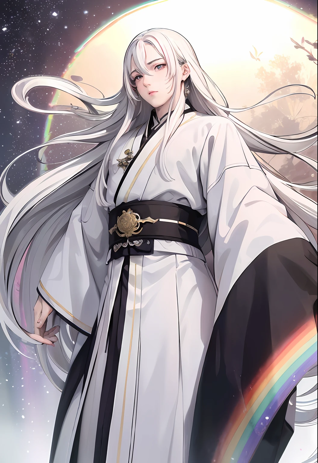 Masterpiece, Best quality, offcial art, 8K wallpaper, Highly detailed, illustration, ((1 man)), Detailed eyes, White eyes, White gradient Hanfu, Complex filigree, Dynamic pose, (Long rainbow-colored hair:1.1), (White hair:1.2), Floating hair, east asian architecture, Chinese street, scenery, Morning,Black hair