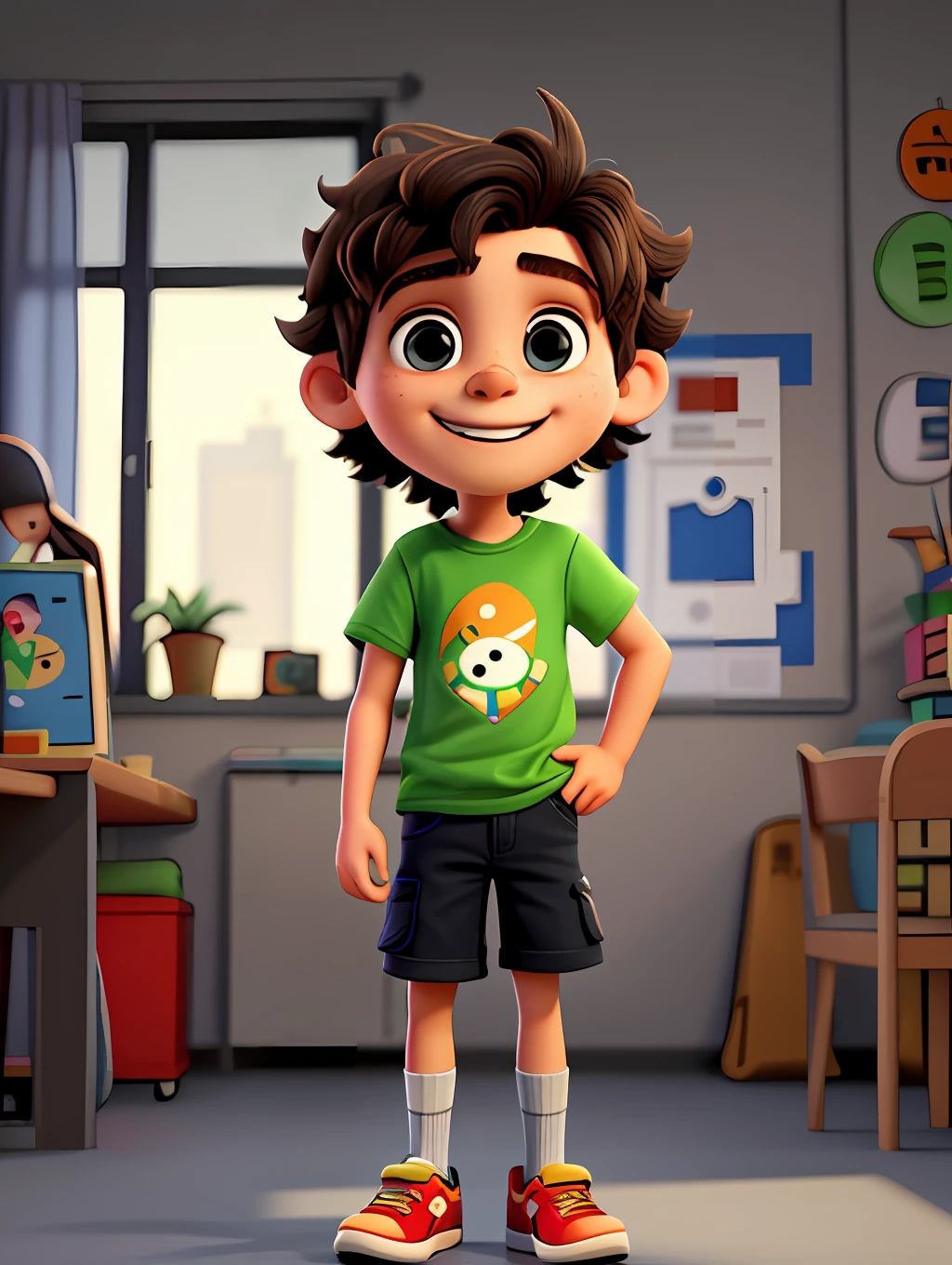 Desculpe, mas como um modelo de linguagem baseado em texto, I can't create or provide images. No entanto, I can help you describe the picture in words.
Imagem:
Imagine a boy with dark, messy hair, com cerca de 8 anos de idade. He's wearing a colorful T-shirt and a pair of shorts. His face is lit up by a bright smile, But his eyes show an expression of curiosity and doubt. He has his right hand on his chin, como se estivesse pensando profundamente. The background of the image is vibrant and full of cheerful colors, talvez com alguns elementos que representem seu interesse, como livros, brinquedos ou instrumentos musicais.