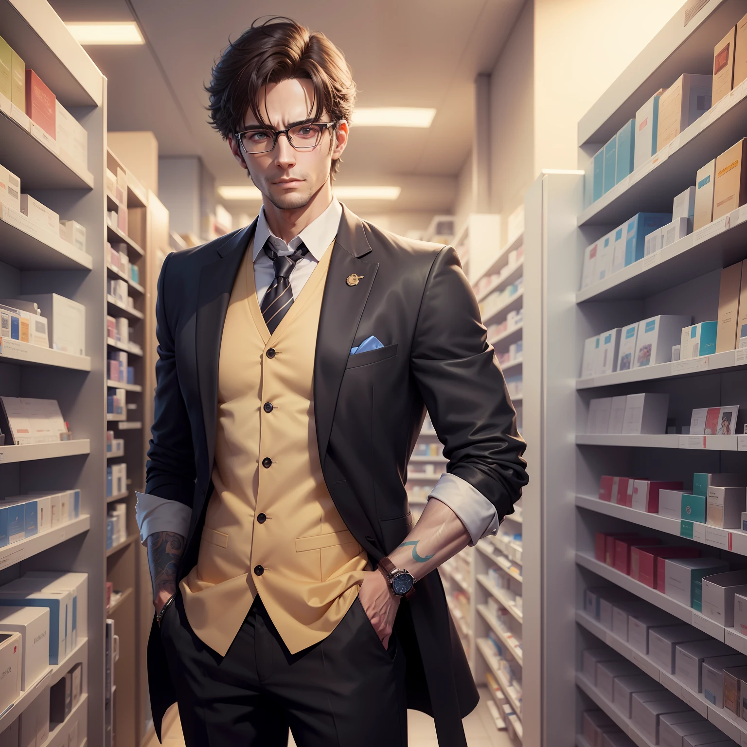 There was a man with glasses standing in the pharmacy, Rendu portrait 8k, Anime portrait of a handsome man,3 d anime realistic, Smooth anime CG art, cinematic realistic portrait, hyper realistic anime, highly detailed character, anime realism style