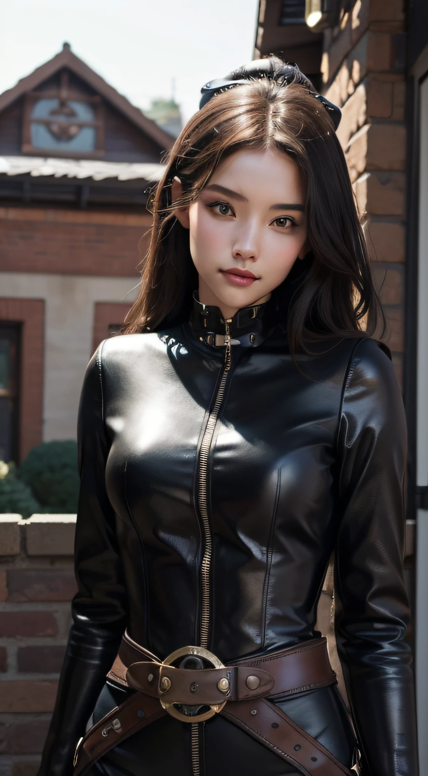 Cute cute girl,perfect  face,Perfect facial features, (Pixar style character:1.1), Age 20, (Sexy Steampunk Girl:1.1), perfect body figure,Waist up, ((A shallow smile:1.1)),Dimension clock, Machinery, Highly detailed clothing, Steampunk has, (Best quality, Masterpiece, 4K, Sharp focus, 8K, High definition:1.2),perfect  face,Perfect facial features, Black leather trousers，The texture of the clothes is enhanced