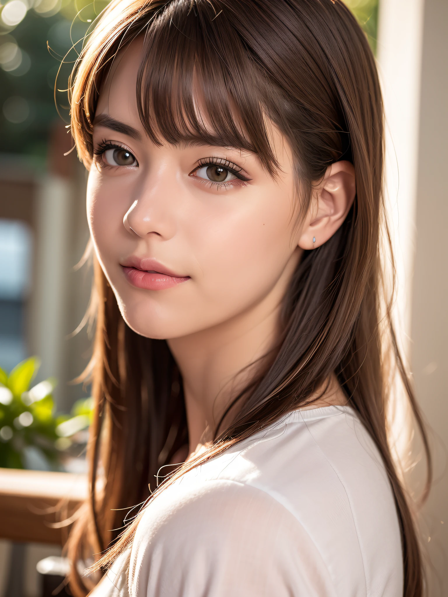 ((Best Quality:1.2, 8K, Sharp Focus, master piece: 1.2, natural Light, extremely details CG, beautiful Girl:1.2, reality, Detailed face textures, Realistic skin, beautiful makeup, octane render, magnificent, Detailed bangs)), (depth of fields), Bokeh background, Smile, brown middle hair, Cowboy Shot, (white cropped shirt), wind, from side