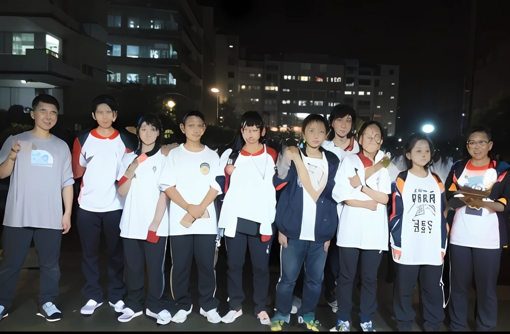 there are many people standing together in a group posing for a picture, nigth, Nigt, taken in the night, motivational, in group photograph, sunraise, Student, Group photo, wining, full team, changquan, protrait, photo taken at night, --n 6, jinyiwei, night shot, competition winning, High school, Lu Ji