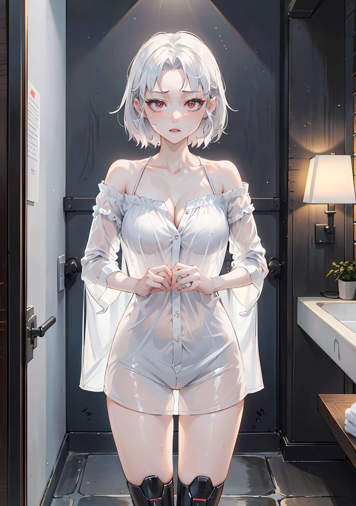 ((((masterpiece, best quality, high resolution)))), 1girl, white hair, red eyes, short wavy hair, average breasts, blush, ahegao, angry, glow, thighs, bare shoulders, collarbone, narrow waist, cleavage, (beautiful detailed face, beautiful detailed eyes), night time, bathroom, after shower, (see-through silhouette:1.2), see-through, oversized white shirt, wet, dripping wet,