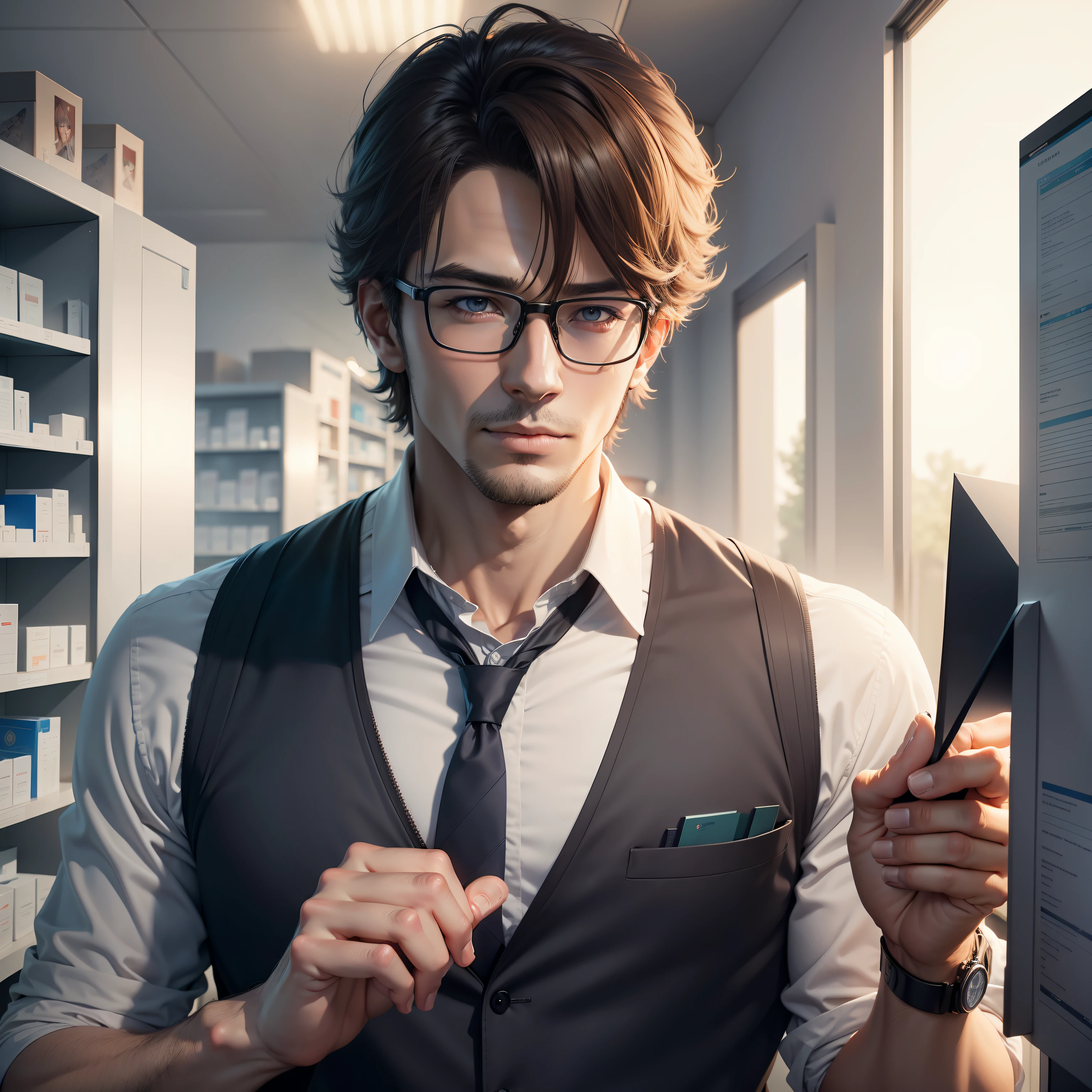 There was a man with glasses standing in the pharmacy, Rendu portrait 8k, Anime portrait of a handsome man,3 d anime realistic, Smooth anime CG art, cinematic realistic portrait, hyper realistic anime, highly detailed character, anime realism style
