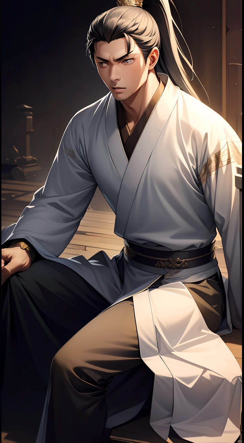 quadratic element,style of anime,mtu(Male Warrior),The proportions are correct,Face details,swordsmen,High ponytail hairstyle,Neck details,There is an Adam's apple,Black Hanfu,kaftan,Embroidered robes,Black robe,clothes details,Handing over,longer sleeves,Game quality,Swordsmanship,Light and shadow tracking,Ray traching,detailed glow,cg render,hair detail,long white hair,Black eyes,Handsome,Handsome,(juvenile sense),Clothing is complicated,Perfectcomposition,Refinement,high qulity,higher details,Lots of details,The background is complex,a sense of atmosphere,