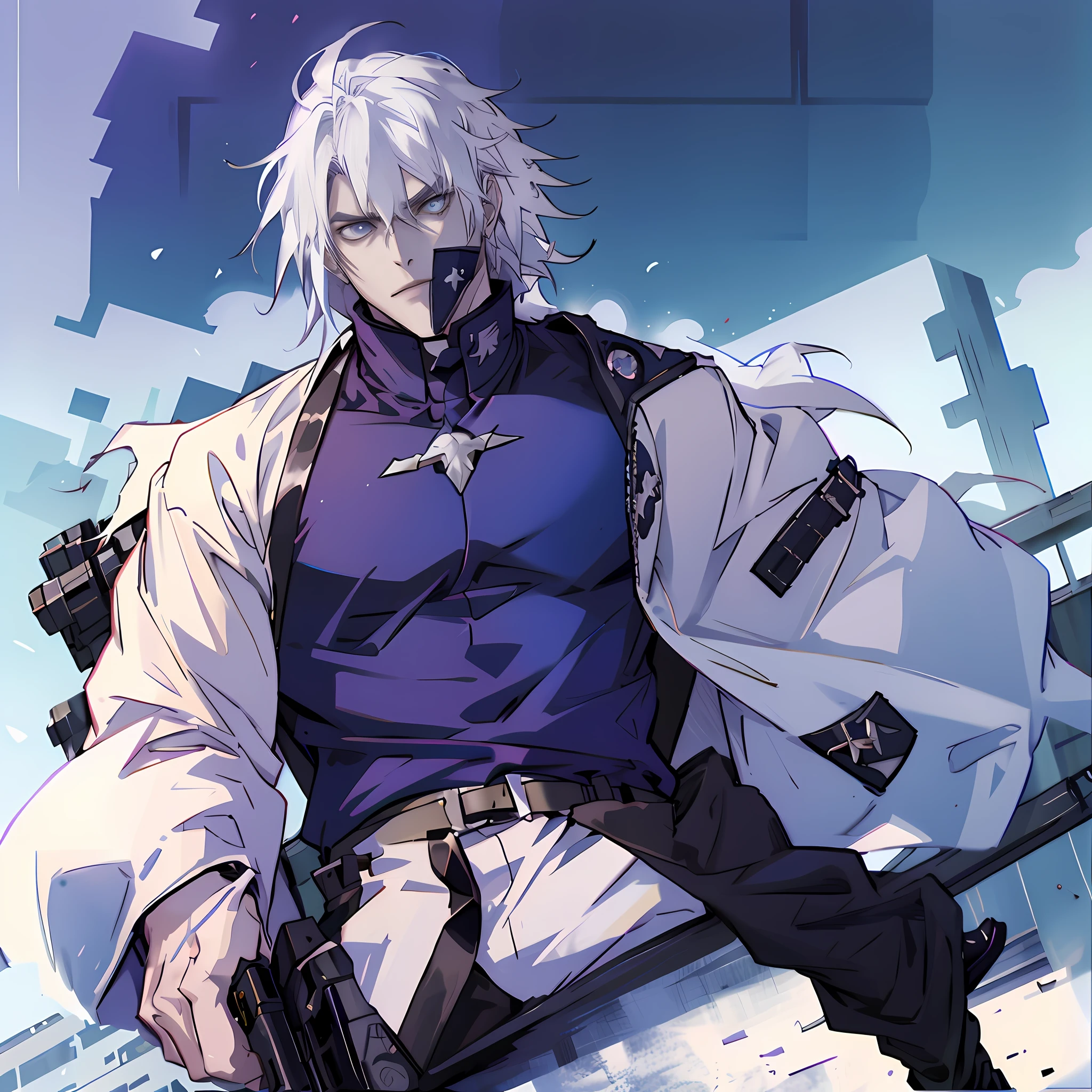 white haired Cangcang,Anime characters with guns in their hands, hajime yatate, white haired Cangcang, raiden metal gear, Gray-haired males, Best anime 4k konachan wallpaper, shigenori soejima illustration, white fox anime, nagito komaeda, Badass anime 8 K, Tall anime guy with blue eyes, trigger anime artstyle, prussia