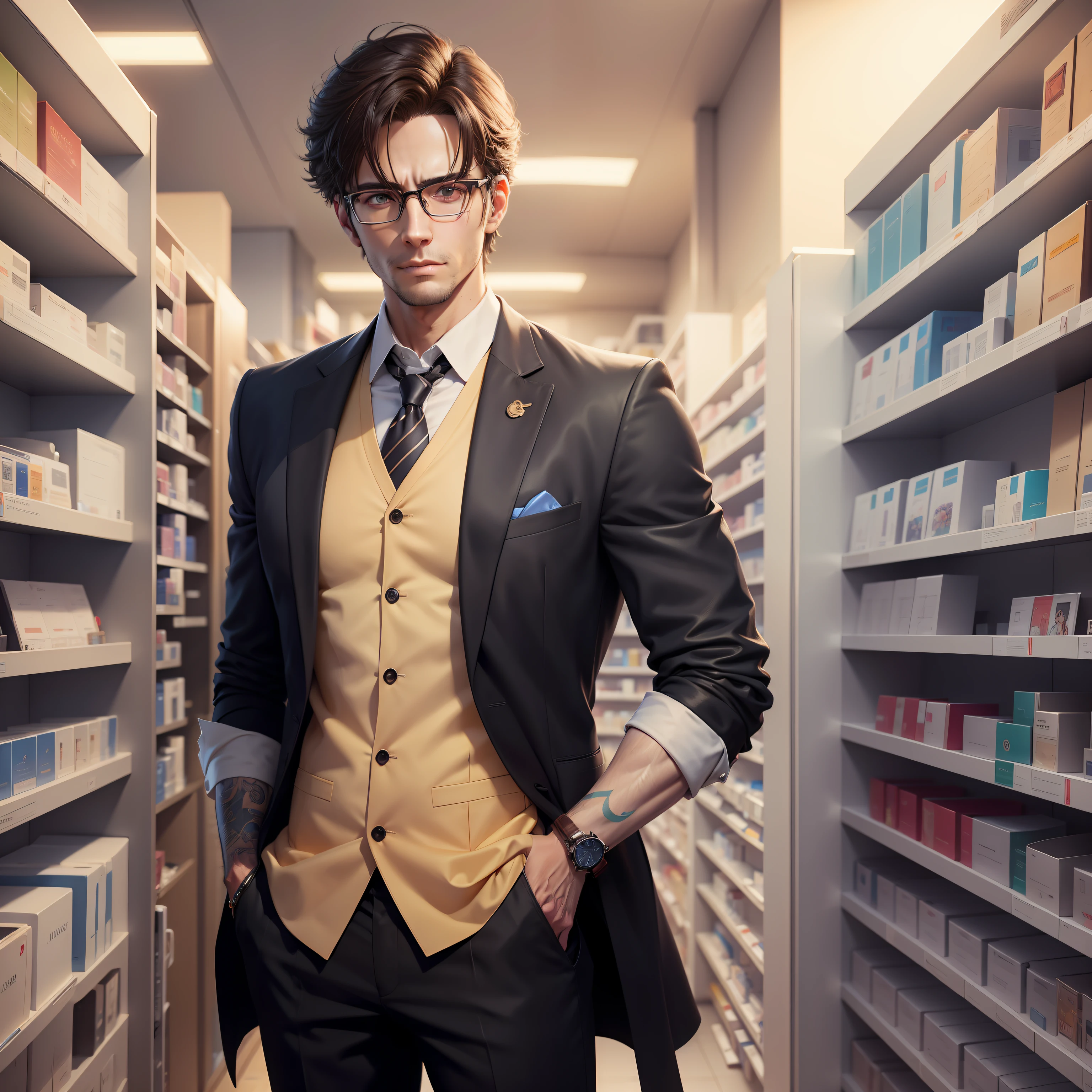 There was a man with glasses standing in the pharmacy, Rendu portrait 8k, Anime portrait of a handsome man，3 d anime realistic, Smooth anime CG art, cinematic realistic portrait, hyper realistic anime, highly detailed character, anime realism style