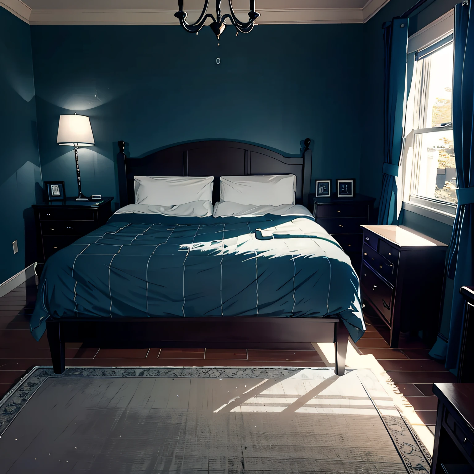The background is in the room，darkly，There was a bed