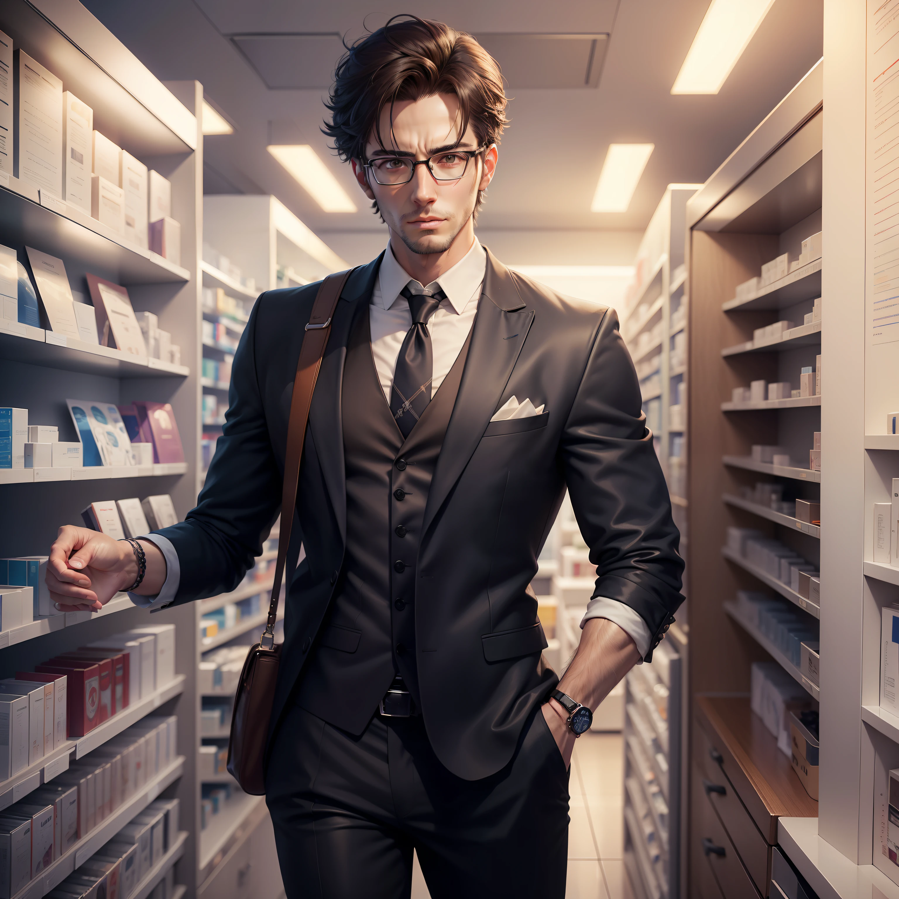 There was a man with glasses standing in the pharmacy, Rendu portrait 8k, Anime portrait of a handsome man,3 d anime realistic, Smooth anime CG art, cinematic realistic portrait, hyper realistic anime, highly detailed character, anime realism style