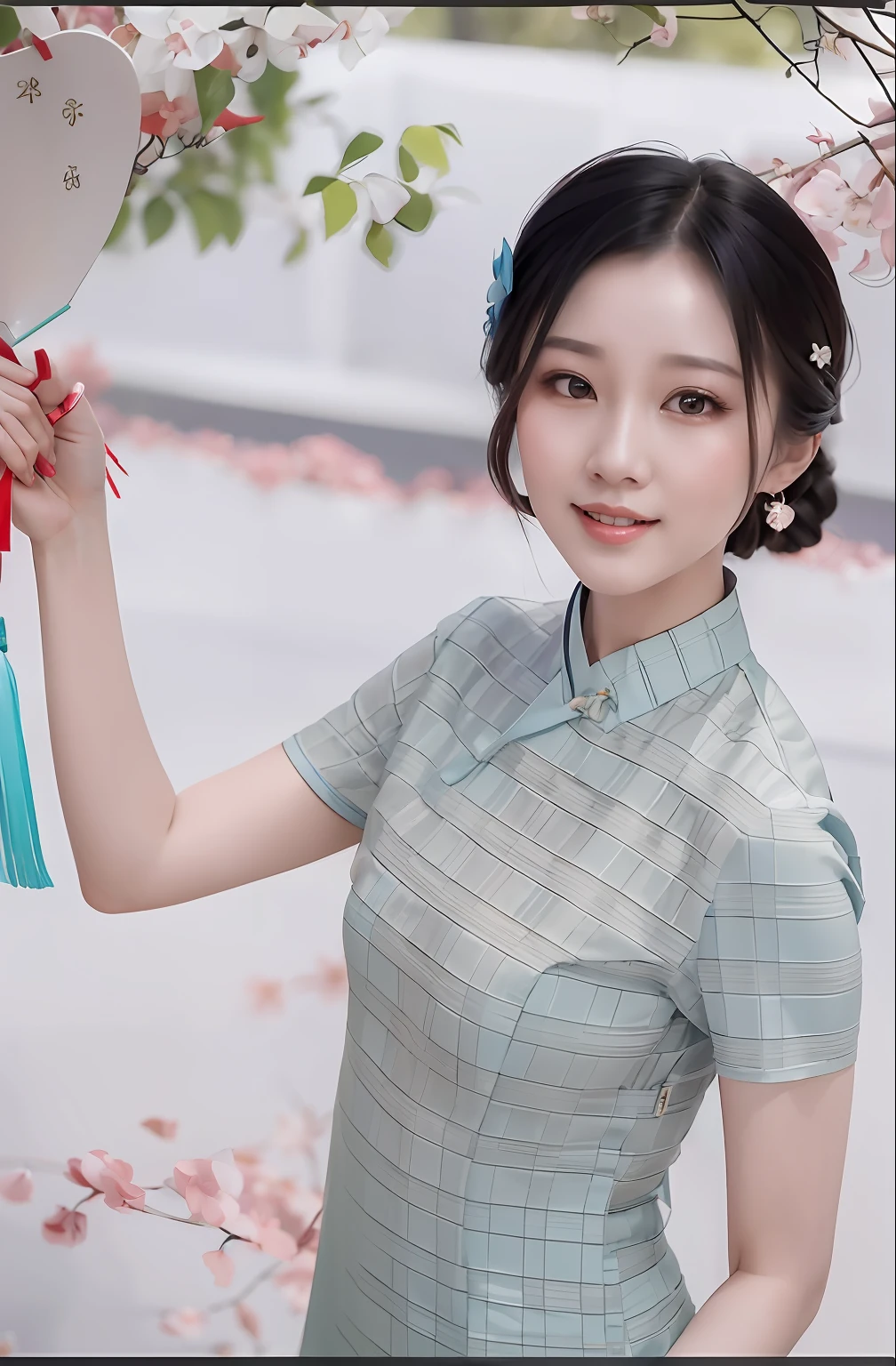 A beautiful 20 year old girl,Wearing a cyan cheongsam,Fan in hand,Delicate face,attractive smile,watery big eyes,Long eyelashes,Crooked eyebrows,lips in red,Several trees full of flowers in the background,Works of masters,4K Ultra Clear,Normal hands,Bust photo