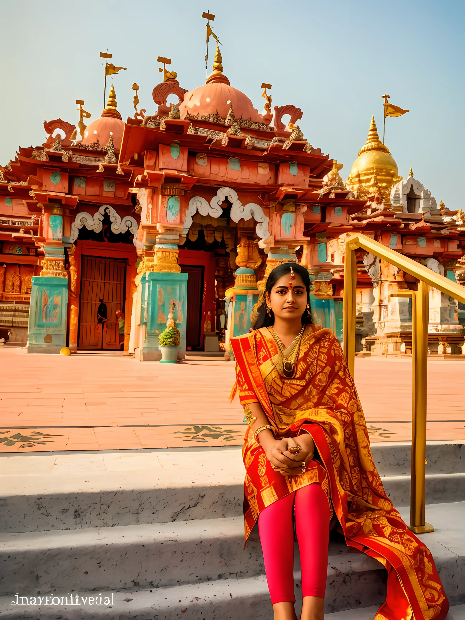 realistic photo, Girl sitting on steps in front of a building with a large building in the background, in front of a temple, in front of the temple, indian temple, in a temple, temple in the background, temples behind her, temple, hindu temple in background, cybertronic hindu temple, inside her temple, angel doing yoga in temple, standing in a hindu kovil