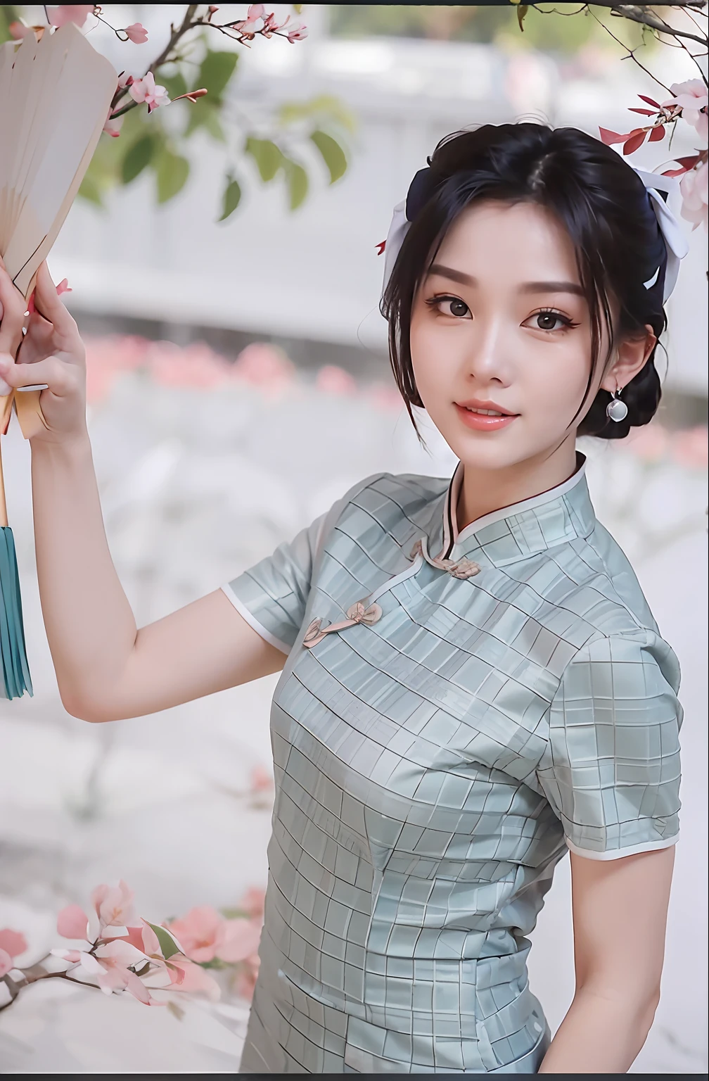 A beautiful 20 year old girl,Wearing a cyan cheongsam,Fan in hand,Delicate face,attractive smile,watery big eyes,Long eyelashes,Crooked eyebrows,lips in red,Several trees full of flowers in the background,Works of masters,4K Ultra Clear,Normal hands,Bust photo