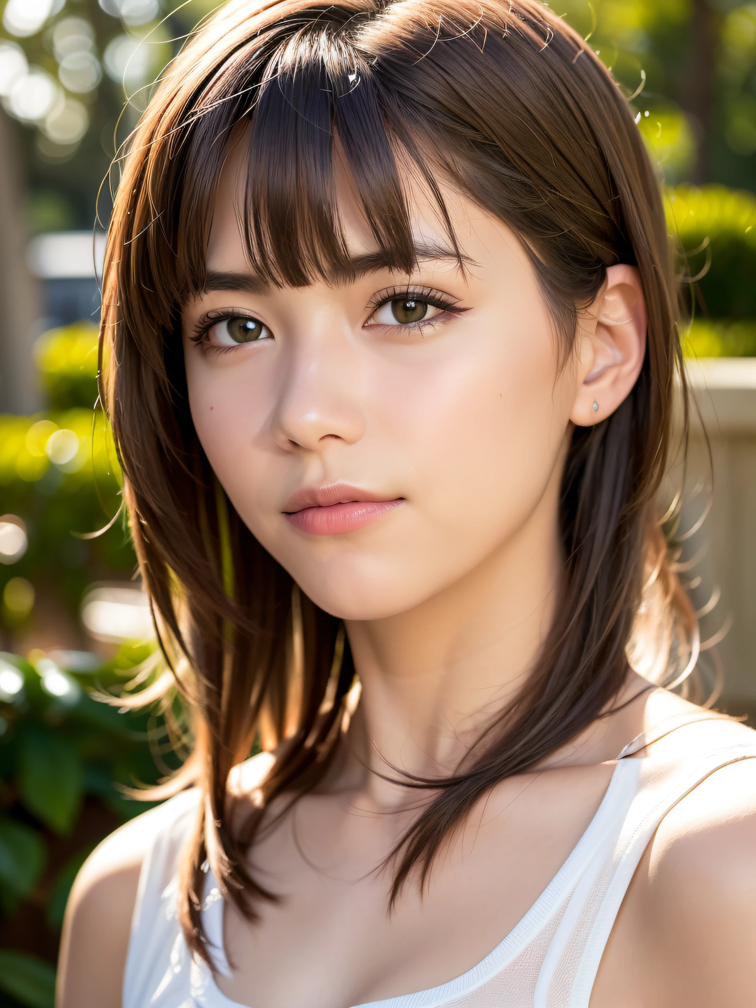 ((Best Quality:1.2, 8K, Sharp Focus, master piece: 1.2, natural Light, extremely details CG, beautiful Girl:1.2, reality, Detailed face textures, Realistic skin, beautiful makeup, octane render, magnificent, Detailed bangs)), (depth of fields), Bokeh background, Smile, brown middle hair, Cowboy Shot, (white cropped shirt), wind, from side