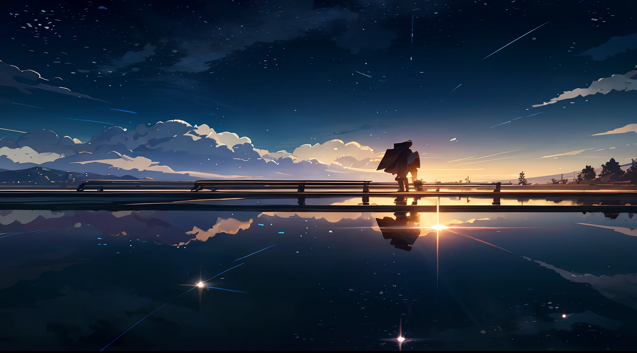 Masterpiece, anime train passing through bodies of water on tracks, bright starry sky. Romantic train, Makoto Shinkai's picture, pixiv, concept art, lofi art style, reflection. by Makoto Shinkai, lofi art, Beautiful anime scene, Anime landscape, detailed scenery —width 672, in style of Makoto shinkai, style of Makoto shinkai, enhanced details.