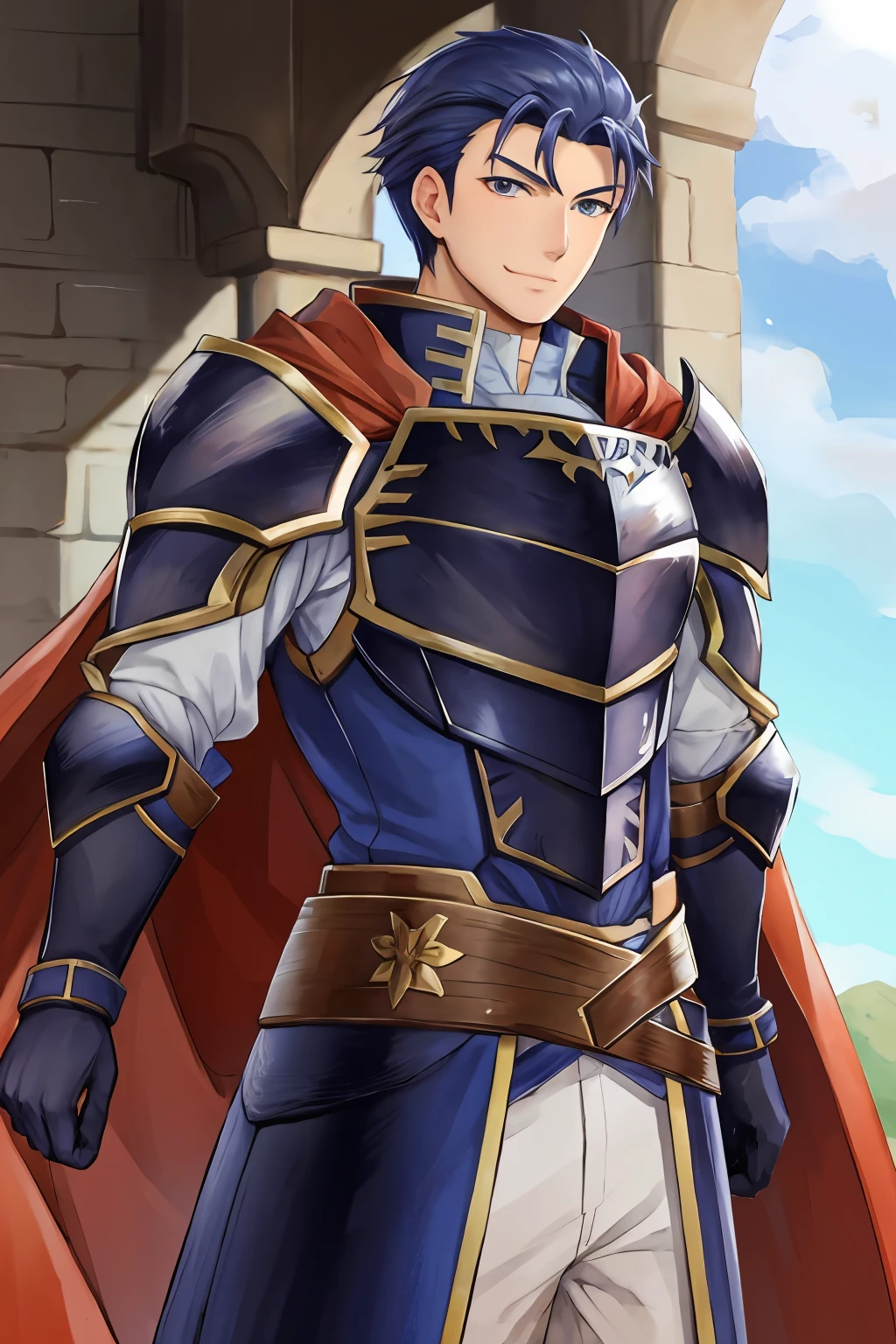 hector fe, solo, looking at viewer, smile, gloves, 1boy, male focus, cape, armor, shoulder armor, castle scenery