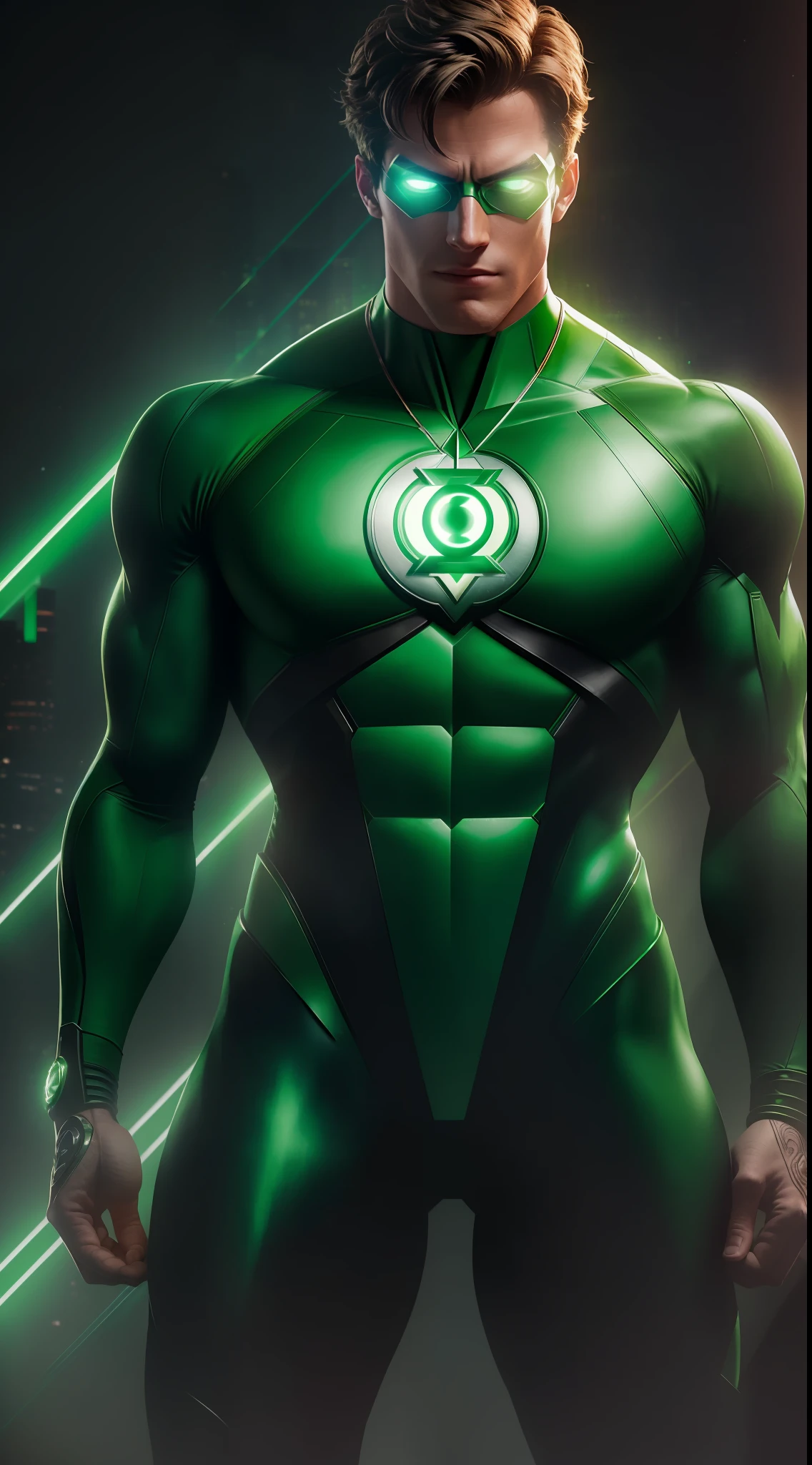 The Green Lantern of DC photography，Hal Jordan，ember，Biomechanicals，Fully grow，hyper realisitc，insanely fine detail，extremely clean lines，cyberpunk aesthetics，Green body，hyperreal rendering，CG special effects，Virtual engine rendering，Half-body diagram，muscline，High sharpness，High saturation