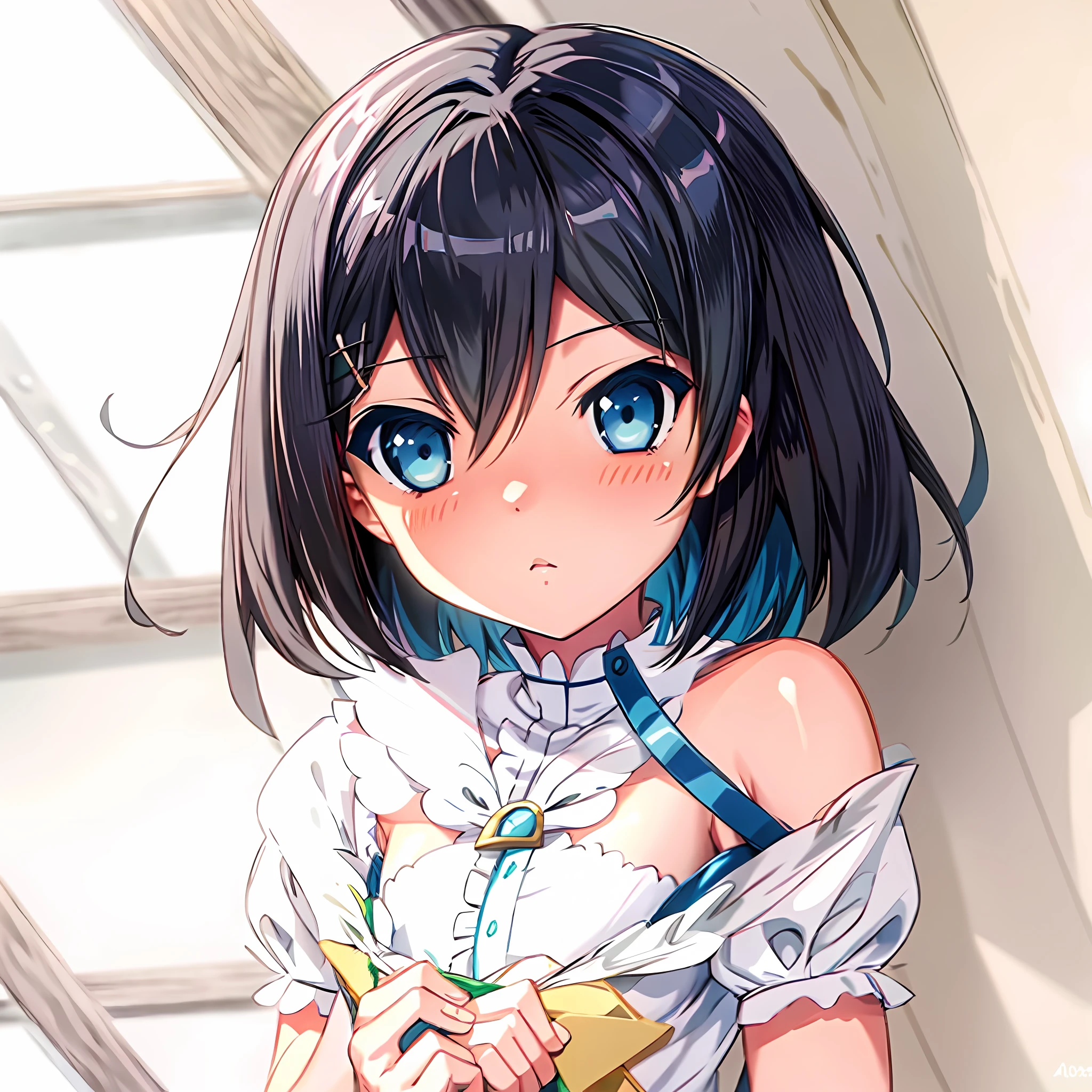 Anime girl with blue eyes, white shirt and blue hair, anime moe art style, Hestia, anime visual of a cute girl, aqua from konosuba, made with anime painter studio, Anime waifu, Ayaka Genshin impact, anime best girl, cel shaded anime, gapmoe yandere, Cute anime girl, style of anime4 K, An anime girl,S-class Valkyrie Hills in Honkai 3rd。