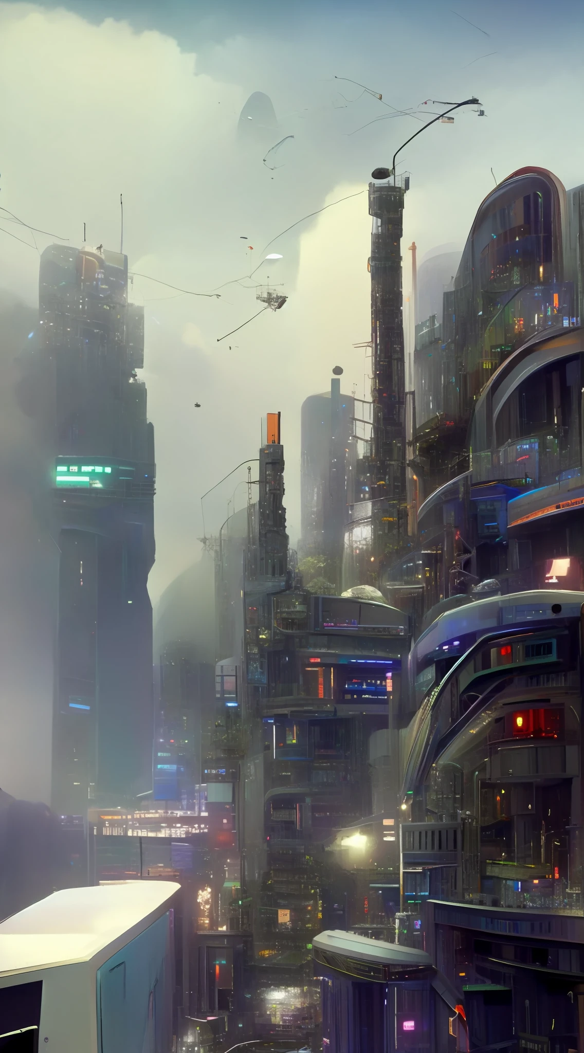 There are no vehicles in Rain City、A cyberpunk world without humans，shot from a far distance，Overlooking angle，Extremely fine detail，Unique beauty。