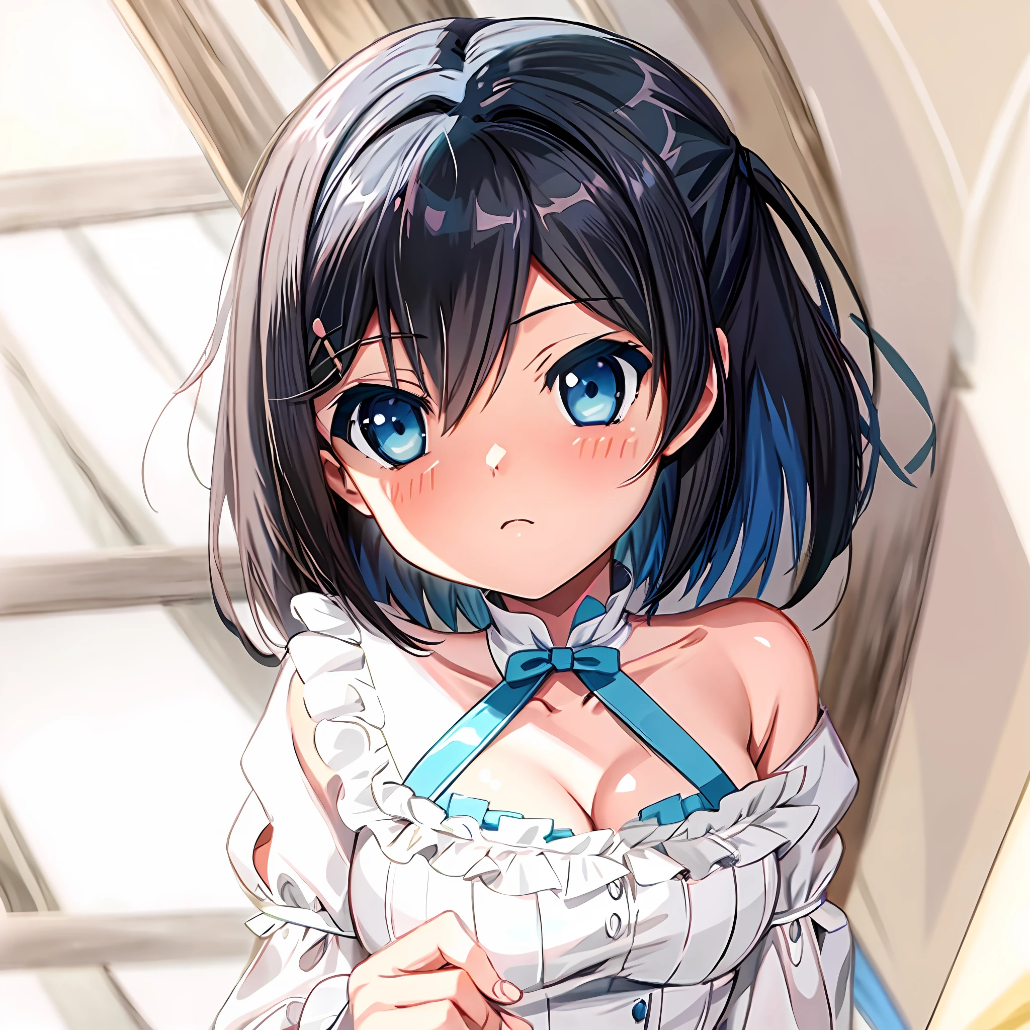 Anime girl with blue eyes, white shirt and blue hair, anime moe art style, Hestia, anime visual of a cute girl, aqua from konosuba, made with anime painter studio, Anime waifu, Ayaka Genshin impact, anime best girl, cel shaded anime, gapmoe yandere, Cute anime girl, style of anime4 K, An anime girl，S-class Valkyrie Hills in Honkai 3rd。