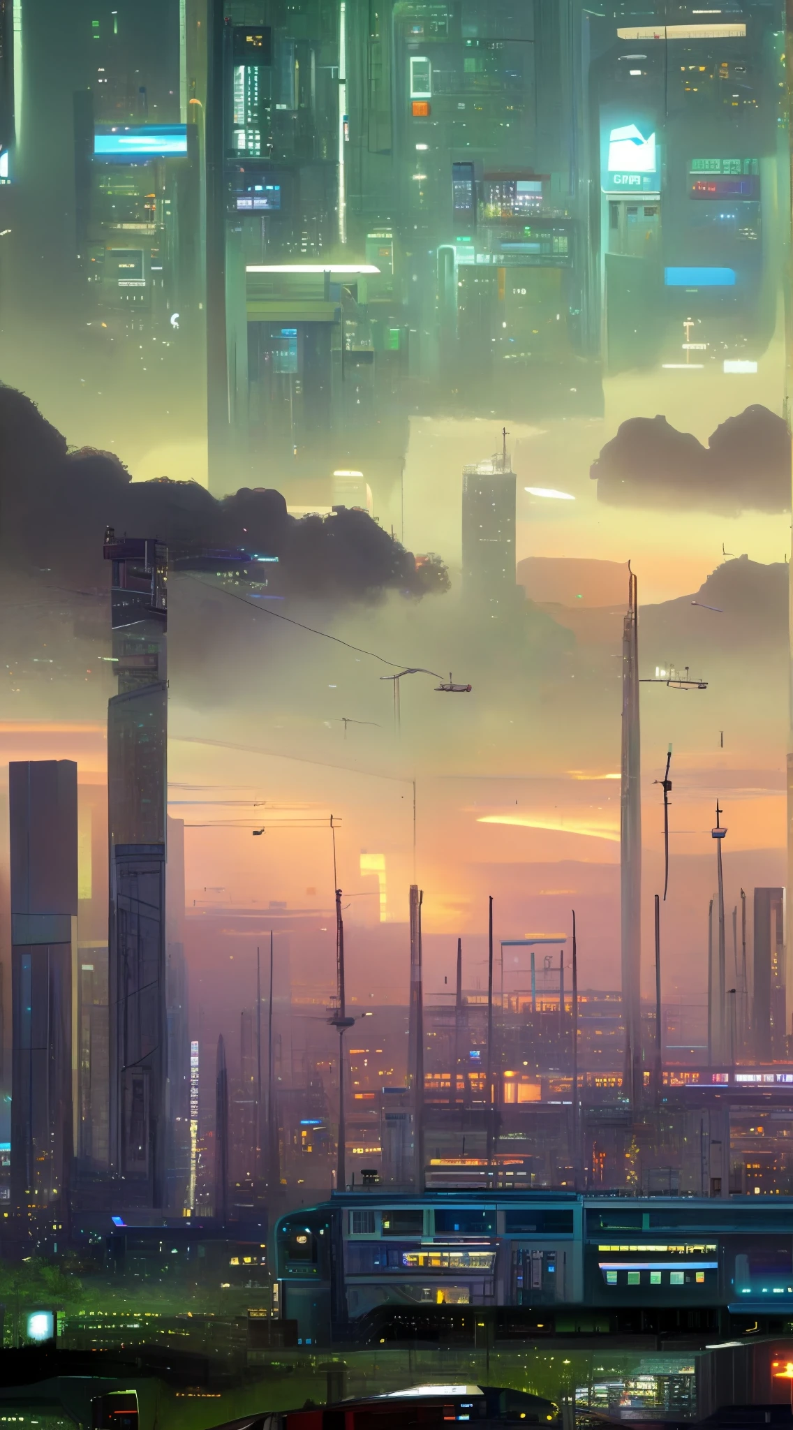 There are no vehicles in Rain City、A cyberpunk world without humans，shot from a far distance，Overlooking angle，Extremely fine detail，Unique beauty。