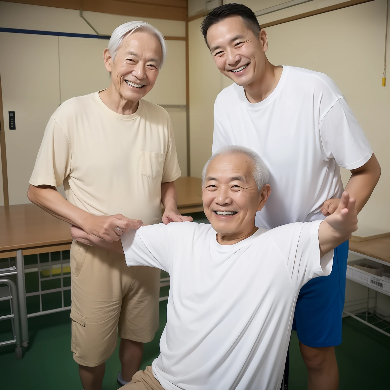 Two Japanese men, both 70 years old, wearing white T-shirts, smiling, inside a welfare facility.