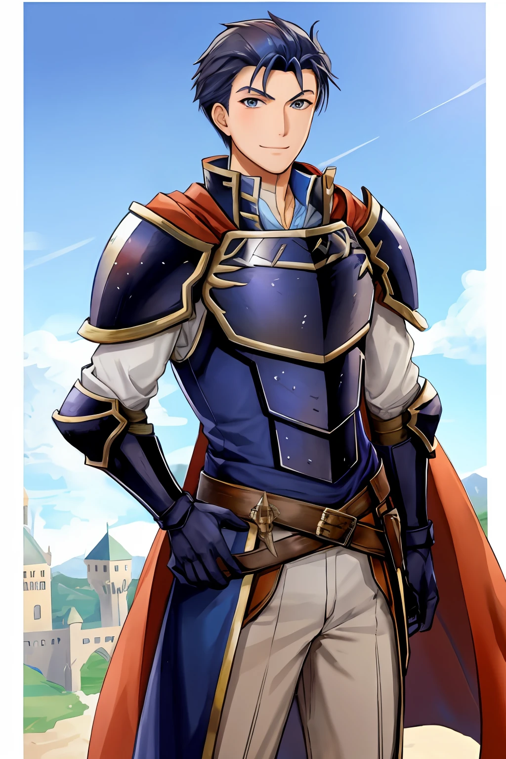 hector fe, solo, looking at viewer, smile, gloves, 1boy, male focus, cape, armor, shoulder armor, castle scenery