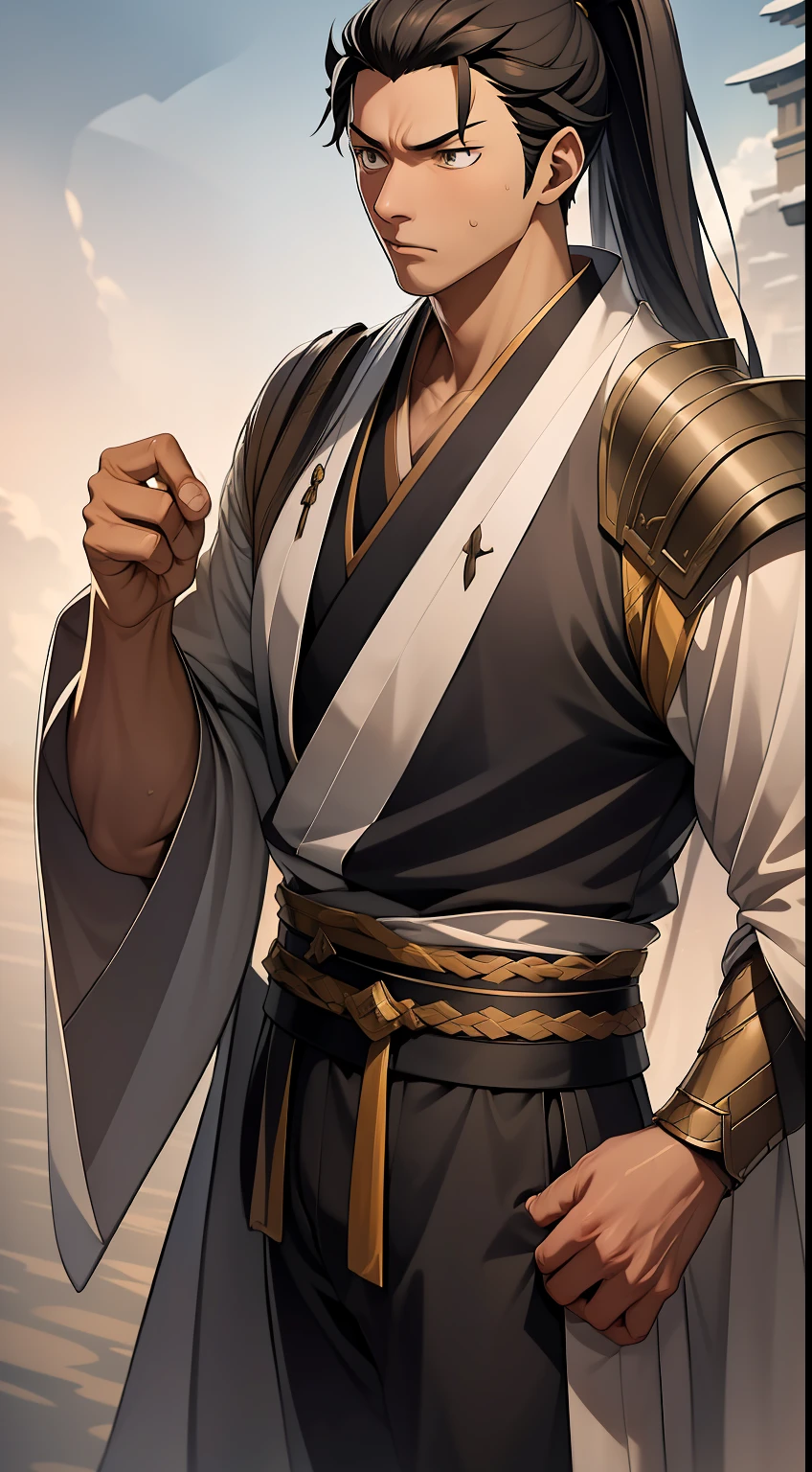 quadratic element,style of anime,mtu(Male Warrior),The proportions are correct,Face details,swordsmen,High ponytail hairstyle,Neck details,There is an Adam's apple,Black Hanfu,kaftan,Embroidered robes,Black robe,clothes details,Handing over,longer sleeves,Game quality,Swordsmanship,Light and shadow tracking,Ray traching,detailed glow,cg render,hair detail,long white hair,Black eyes,Handsome,Handsome,(juvenile sense),Clothing is complicated,Perfectcomposition,Refinement,high qulity,higher details,Lots of details,The background is complex,a sense of atmosphere,