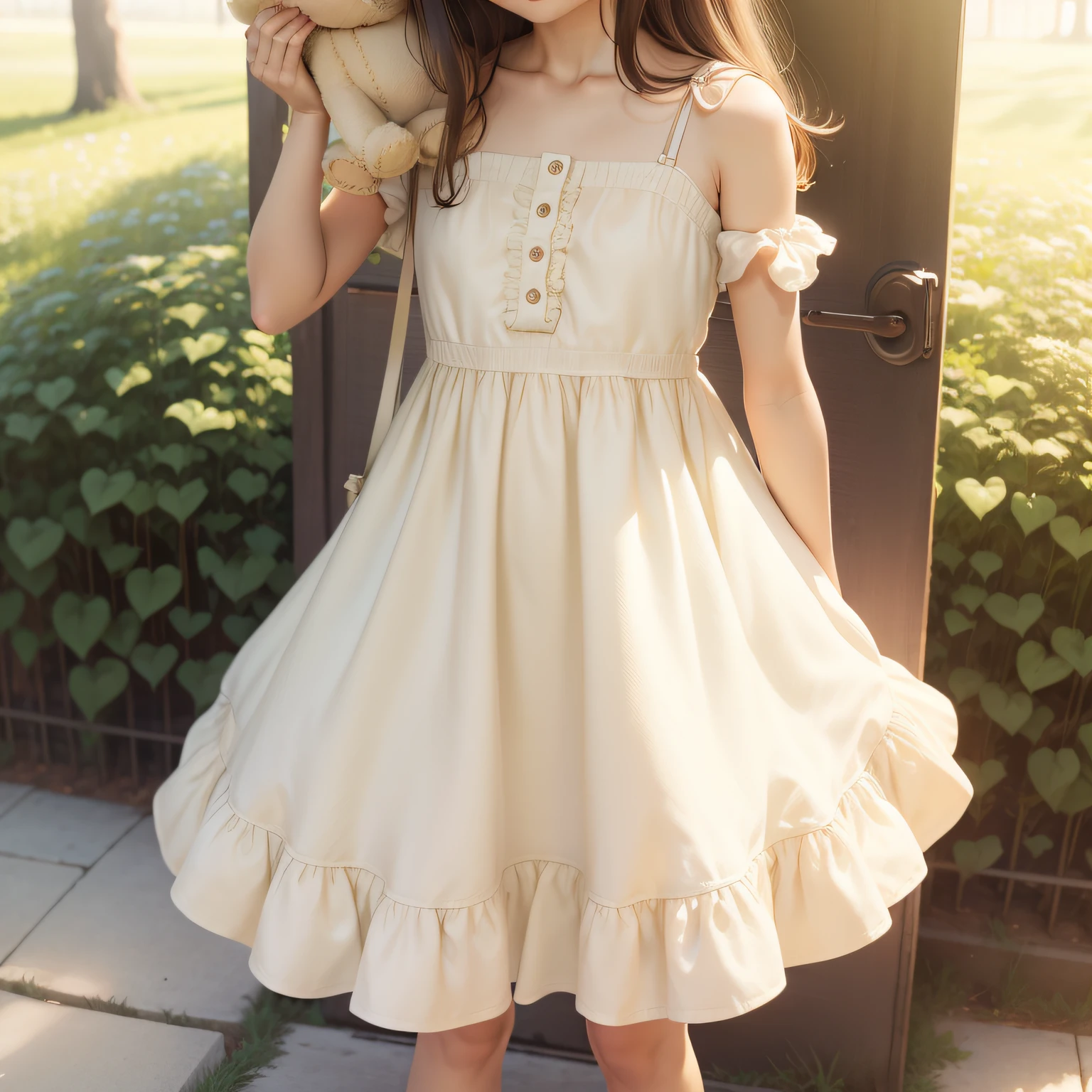 À la Fed girl in dress and shoes holding teddy bear, light half opened dress, soft silk dress, beautiful soft silky dress, Simple dress, simple cream dress, Cute dress, romantic dress, Summer dress, wearing in a summer dress, beige colors, summer morning light, beautiful silky dress, Summer morning, Cute giant pockets, A flowing dress, Beige, frock