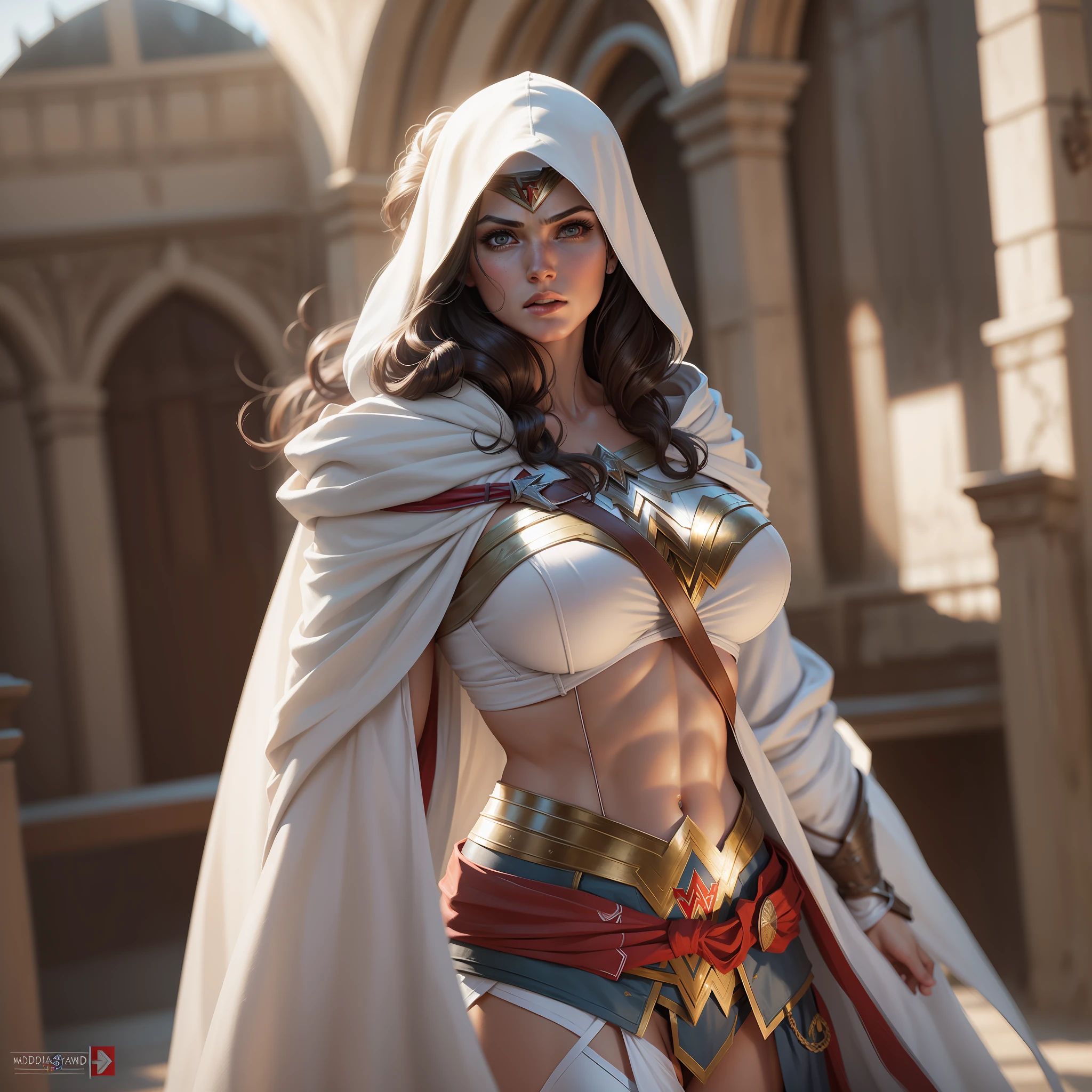 Photorealistic,Realistic illustration in Modelshoot style, (masterpiece, top quality, best quality), wonder woman in assassins creed style, assassin white robe, hidden blades, well-defined body, big breasts, abs,