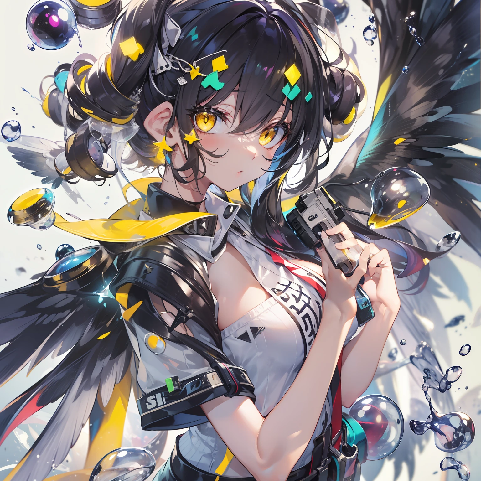 Splatoon's worldview、Neutral Girl、Black stockings、White camisole、TThe shirt、shortpants、Holding the Suprashooter in your hand、A dark-haired、yellow eyes、extremely detailed eye、sharp eye、Eye of Desire、Expression of desire、Look here、((A large amount of shining ink floats))、Studded with a large amount of glowing bubbles、(((Very large wings are attached to the back)))、hiquality、high-level image quality、ultra-detailliert、wings must be symmetrical、freehand、.Make the wing size symmetrical、Keep the wings large